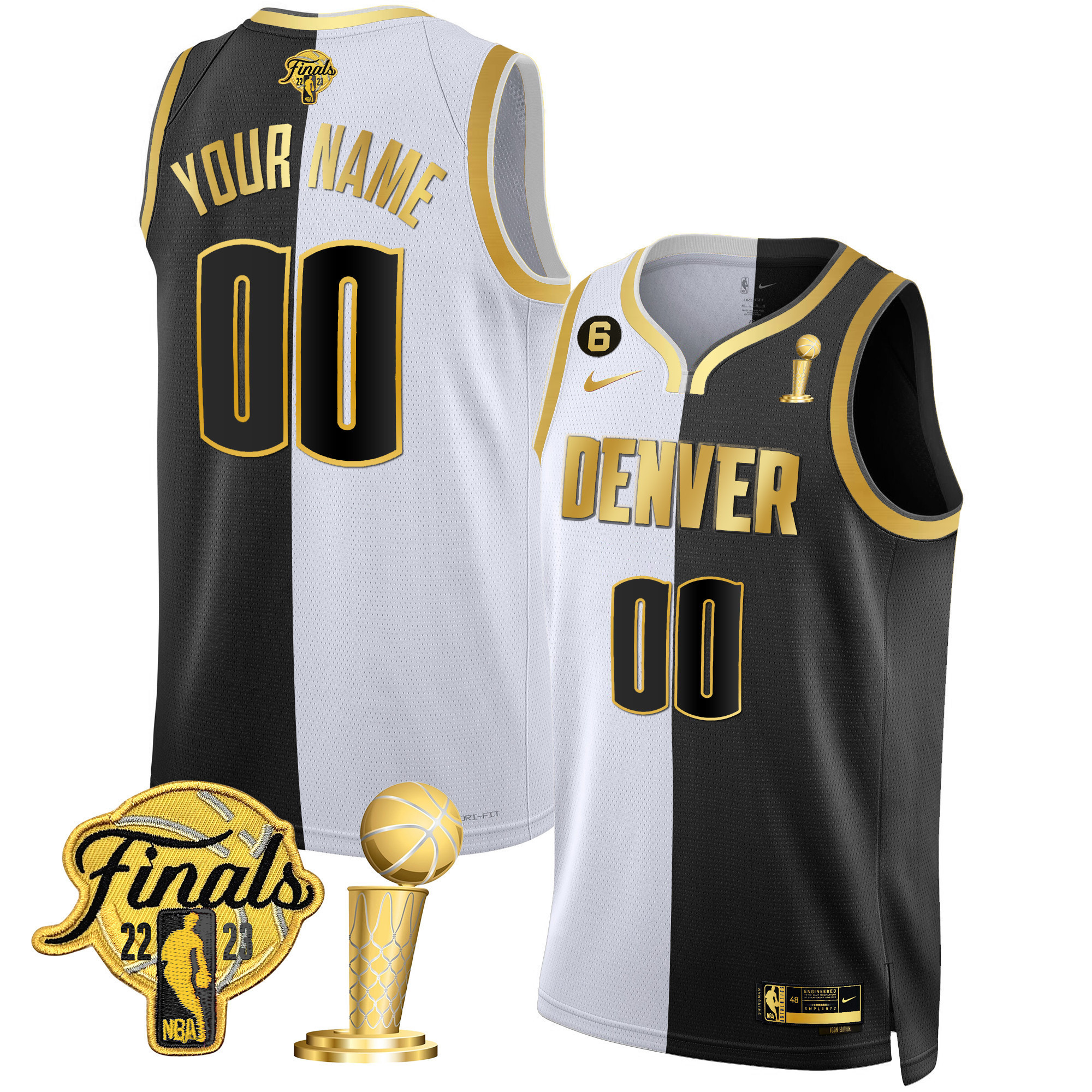 Men's Denver Nuggets 2023 Finals & Champions Black & White Gold Custom Split Jersey - All Stitched