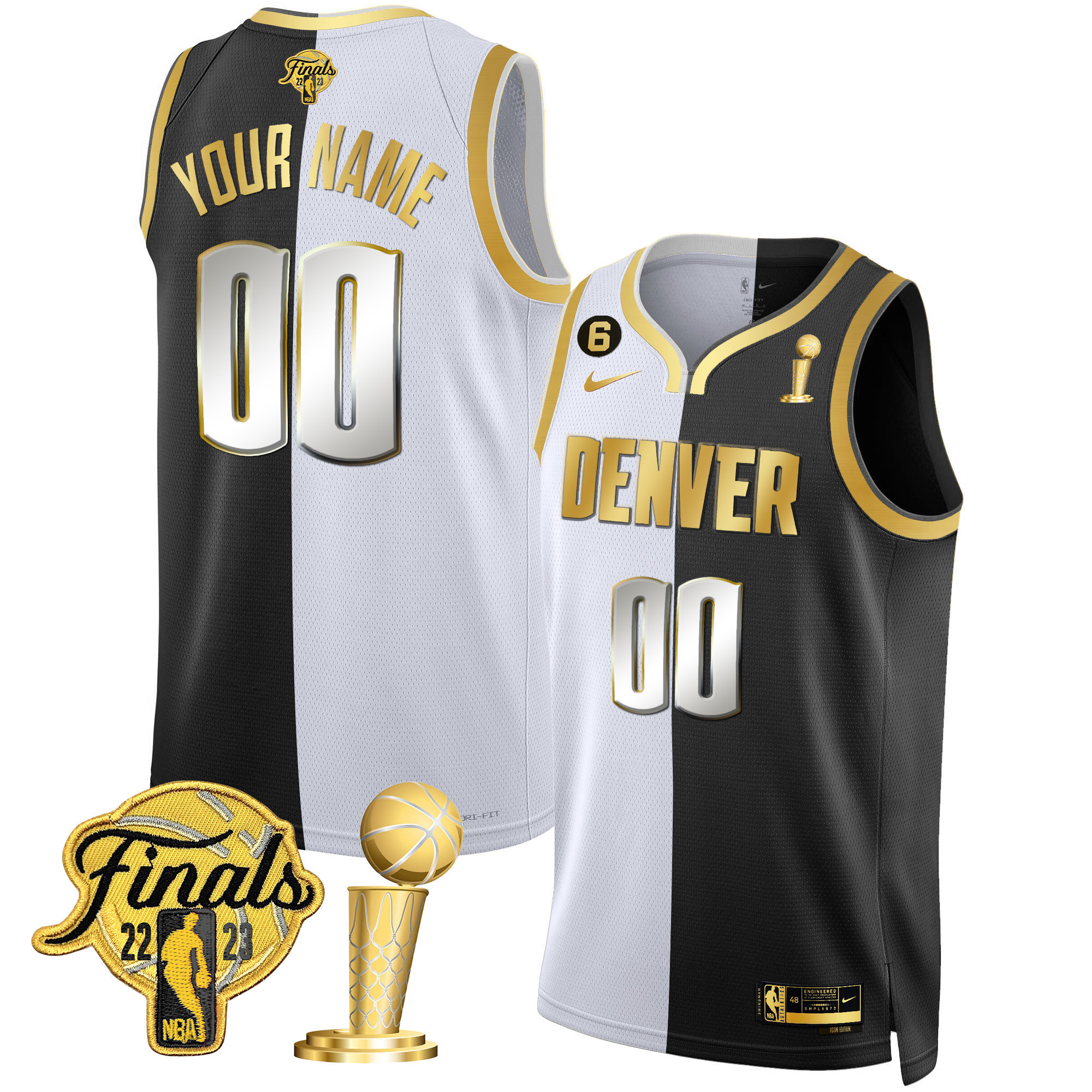Men's Denver Nuggets 2023 Finals & Champions Black & White Gold Custom Split Limited Jersey - All Stitched