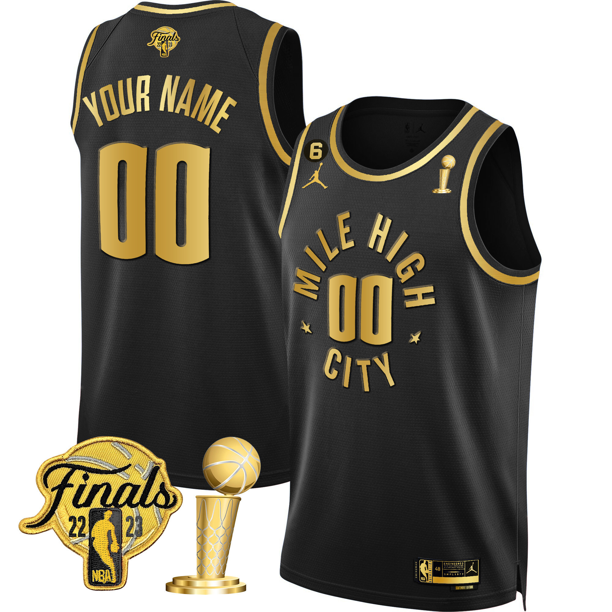 Men's Denver Nuggets 2023 Finals & Champions Black & White Gold Custom Statement Black Jersey - All Stitched