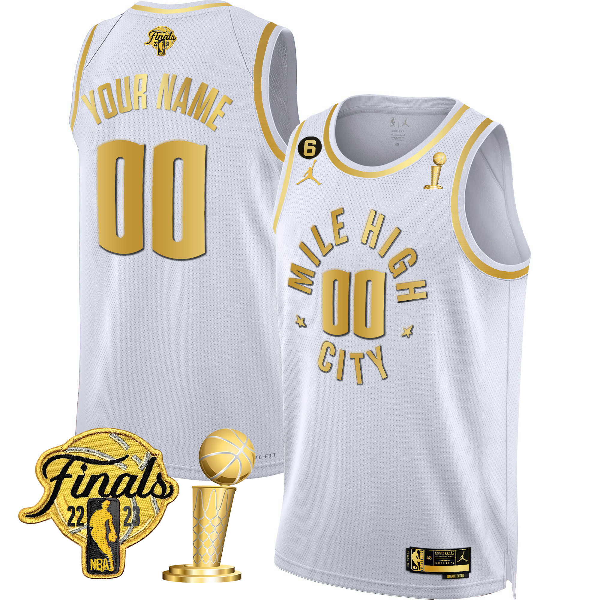 Men's Denver Nuggets 2023 Finals & Champions Black & White Gold Custom Statement White Jersey - All Stitched