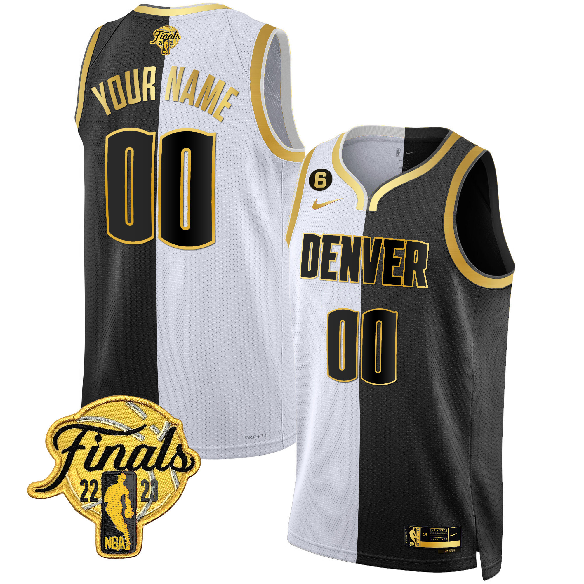 Men's Denver Nuggets 2023 Finals Patch Black & White Gold Custom Split Jersey - All Stitched