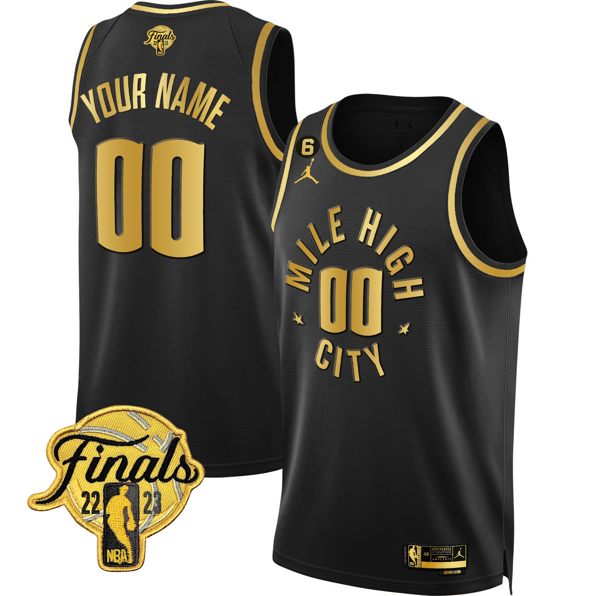 Men's Denver Nuggets 2023 Finals Patch Black & White Gold Custom Statement Black Jersey - All Stitched