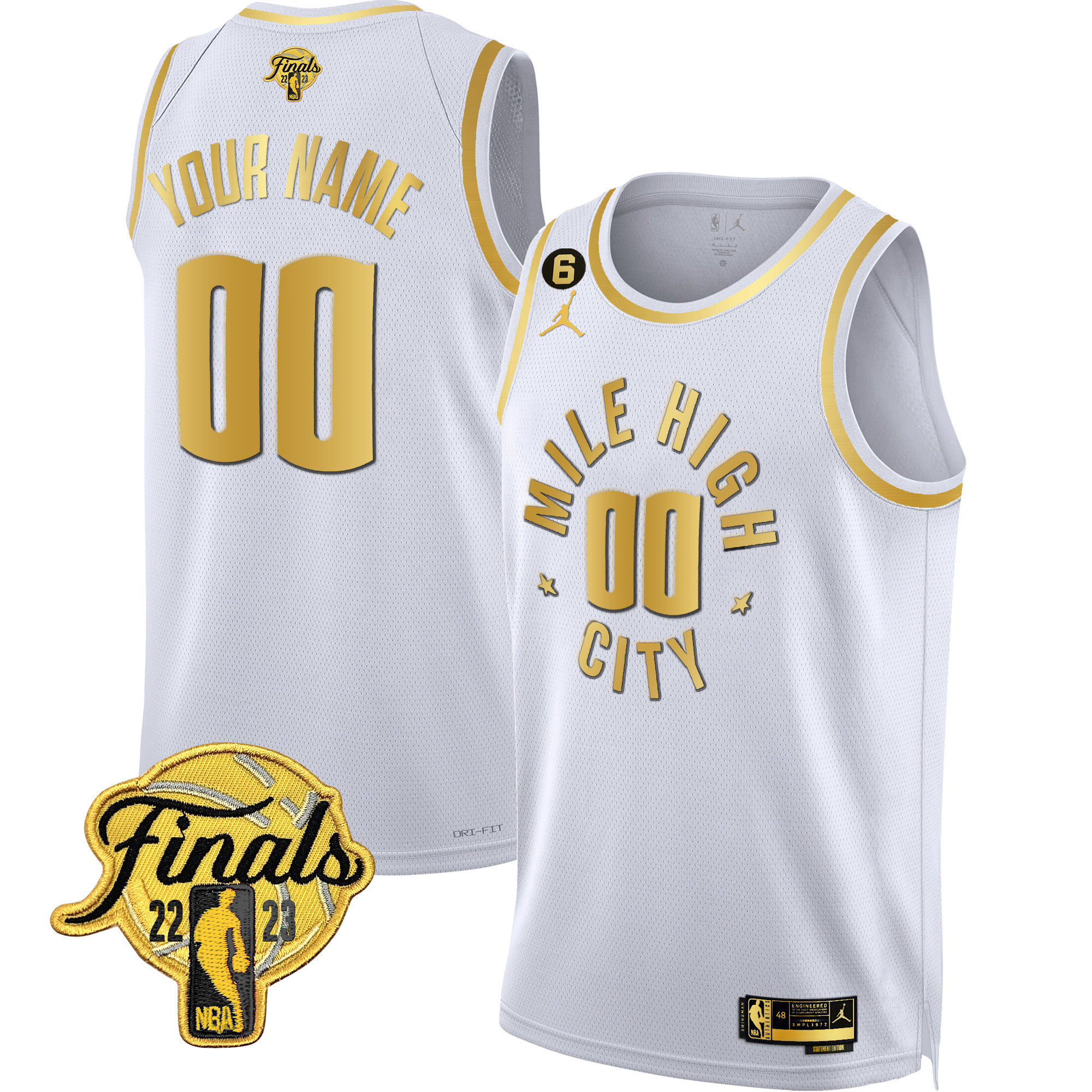 Men's Denver Nuggets 2023 Finals Patch Black & White Gold Custom Statement White Jersey - All Stitched