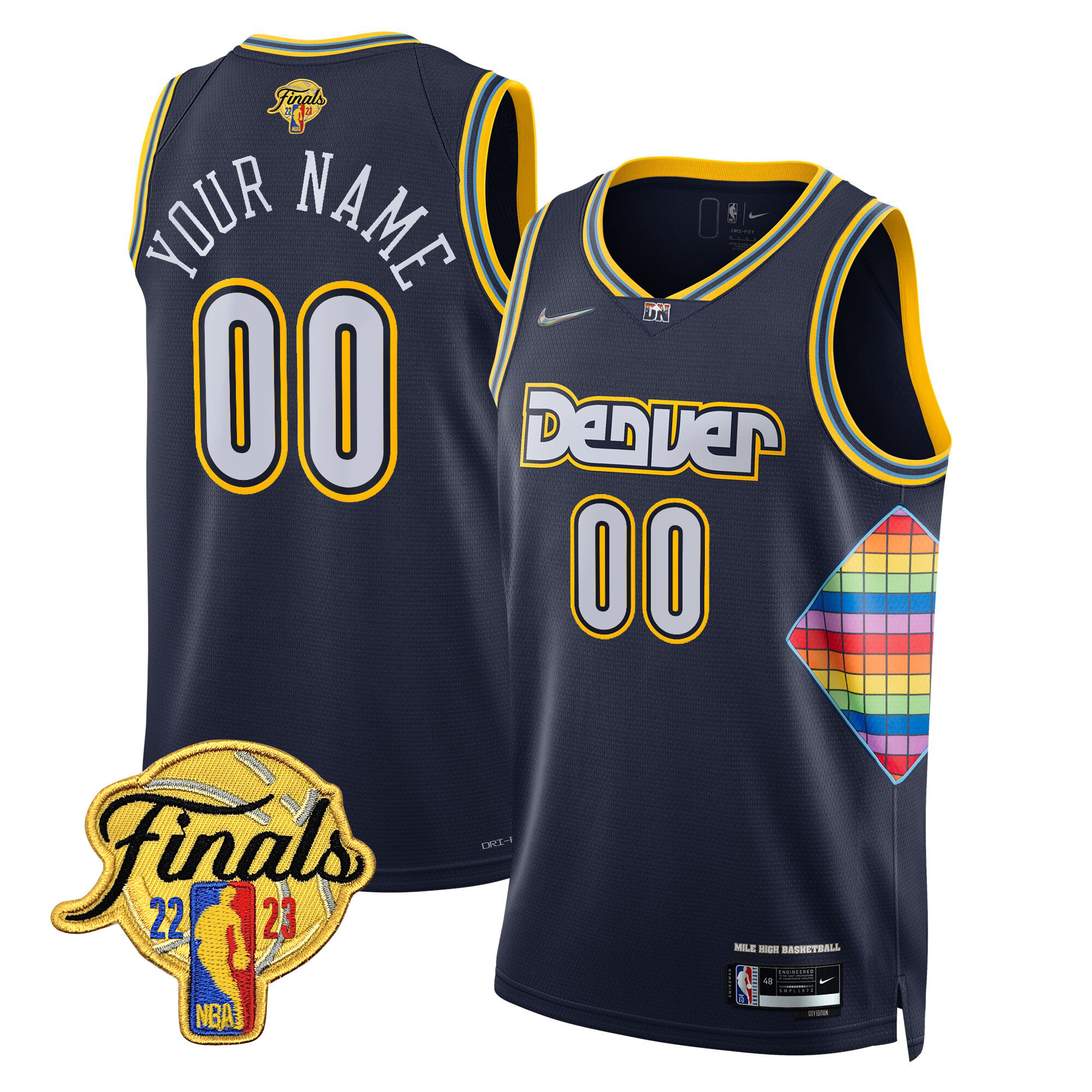 Men's Denver Nuggets 2023 Finals Patch Gold Trim Custom City Navy Jersey - All Stitched