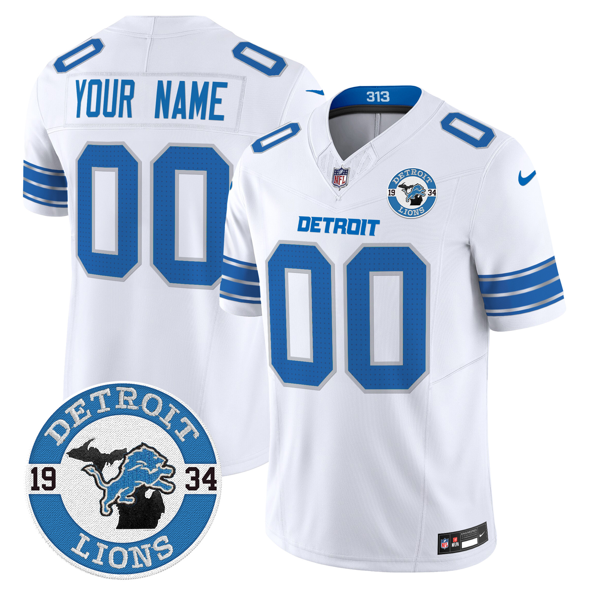 Men's Detroit Lions 2024 Vapor Limited Custom White Jersey - Est. 1934 Patch - All Stitched