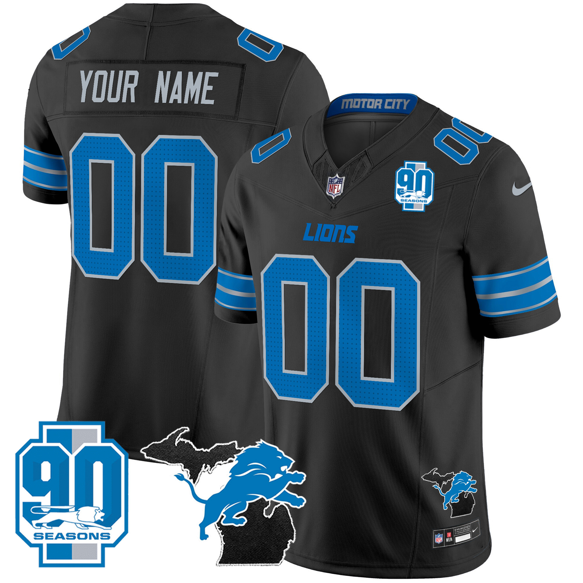 Men's Detroit Lions 2025 Michigan & 90th Year Patch Vapor Custom Black Jersey - All Stitched