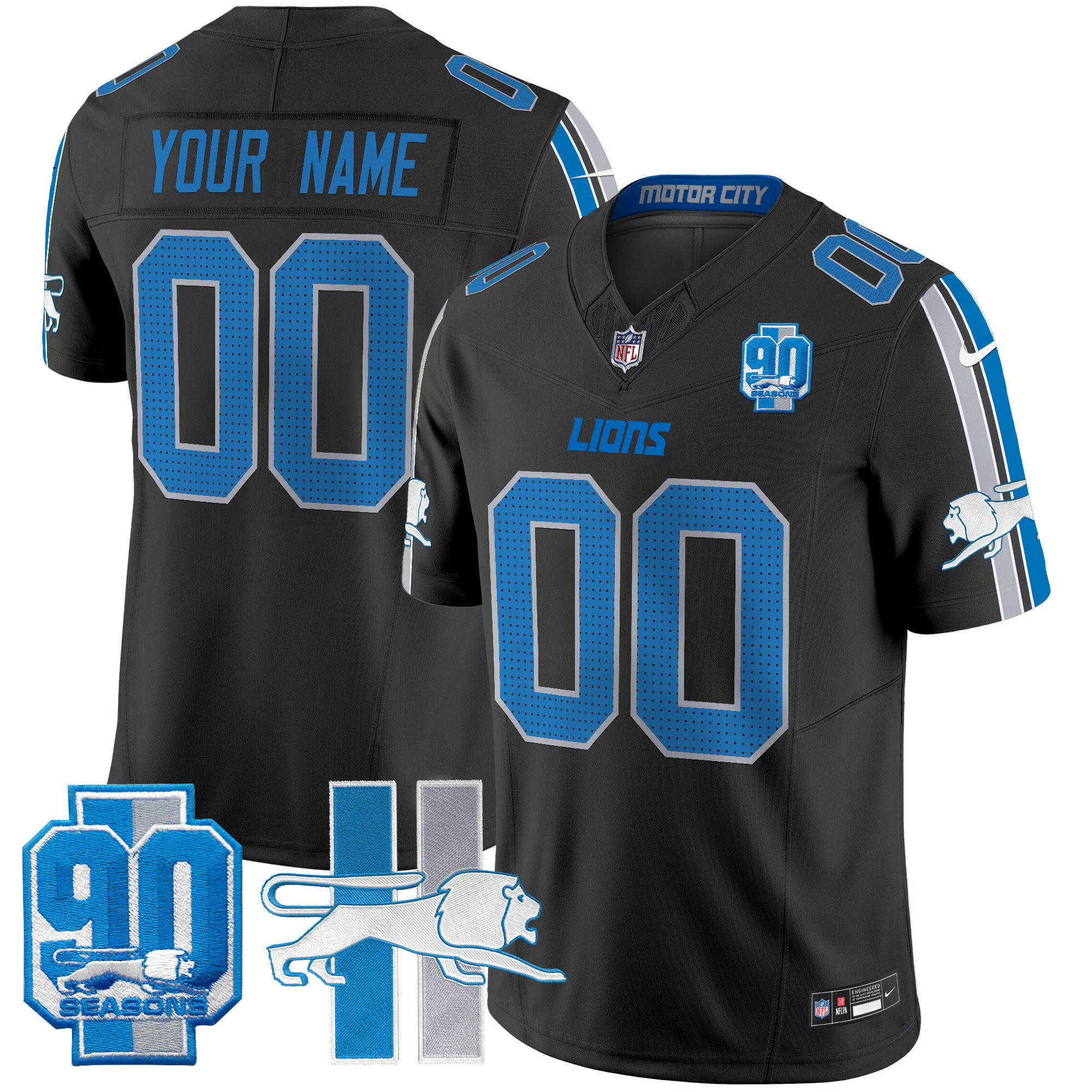 Men's Detroit Lions Throwback 90th Year Patch Vapor Limited Custom Black Jersey - All Stitched