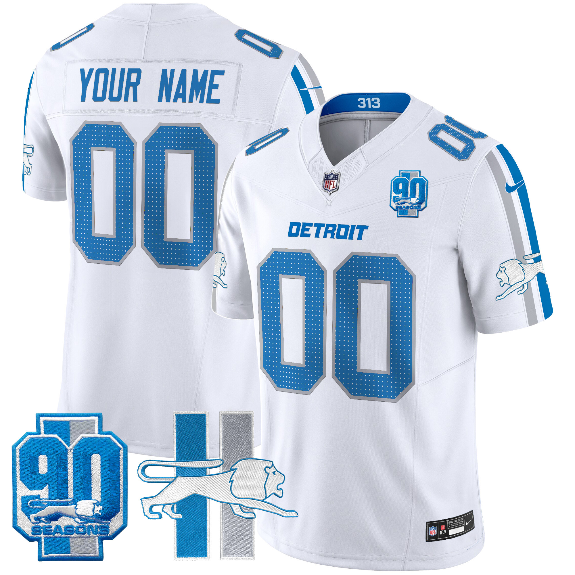Men's Detroit Lions Throwback 90th Year Patch Vapor Limited Custom White Jersey - All Stitched