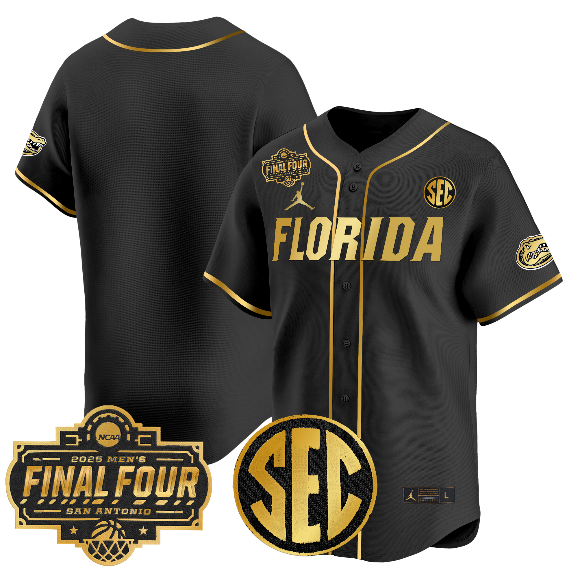 Men's Florida Gators 2025 Final Four Patch Vapor Baseball Black Gold Jersey - All Stitched