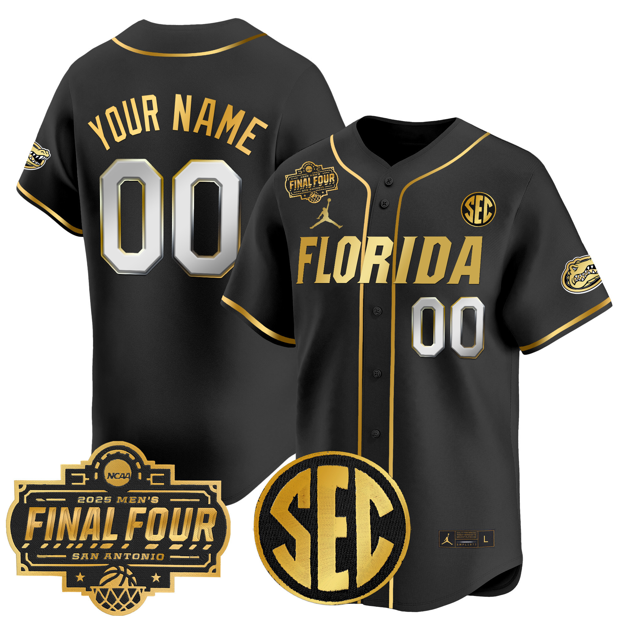 Men's Florida Gators 2025 Final Four Patch Vapor Baseball Custom Black Gold Jersey - All Stitched