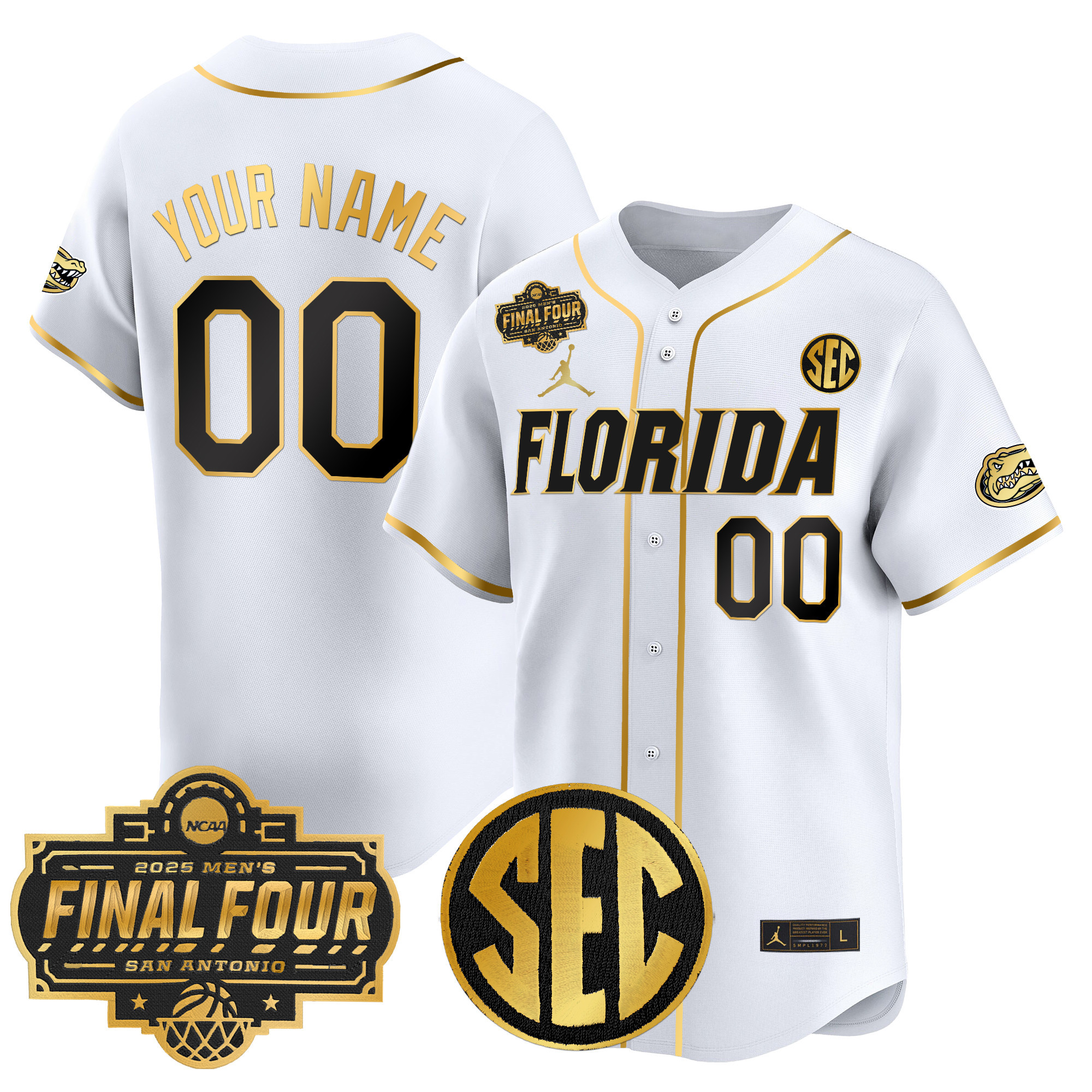 Men's Florida Gators 2025 Final Four Patch Vapor Baseball Custom White Gold Jersey - All Stitched