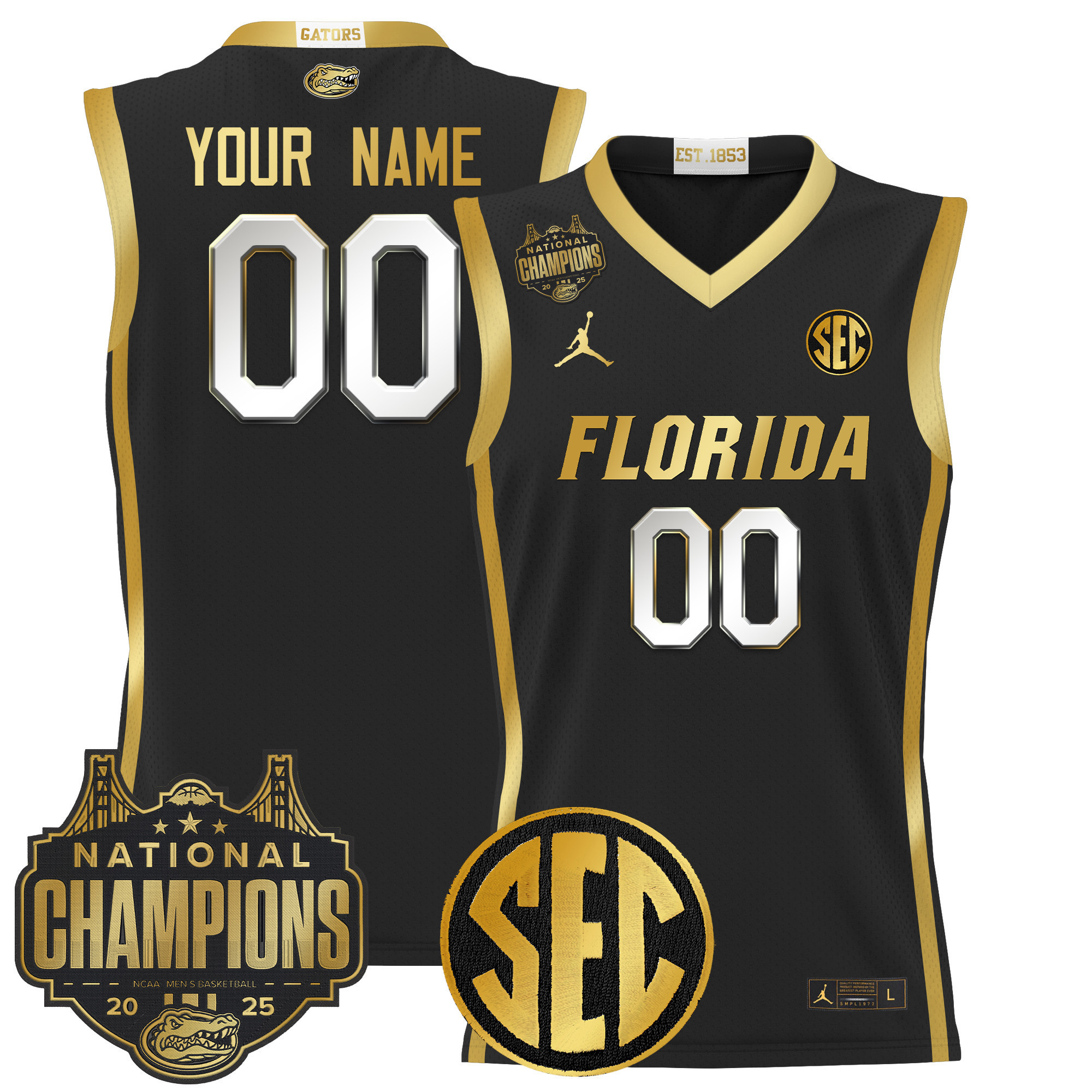 Men's Florida Gators 2025 National Champions Patch Basketball Custom Black Gold Jersey - All Stitched