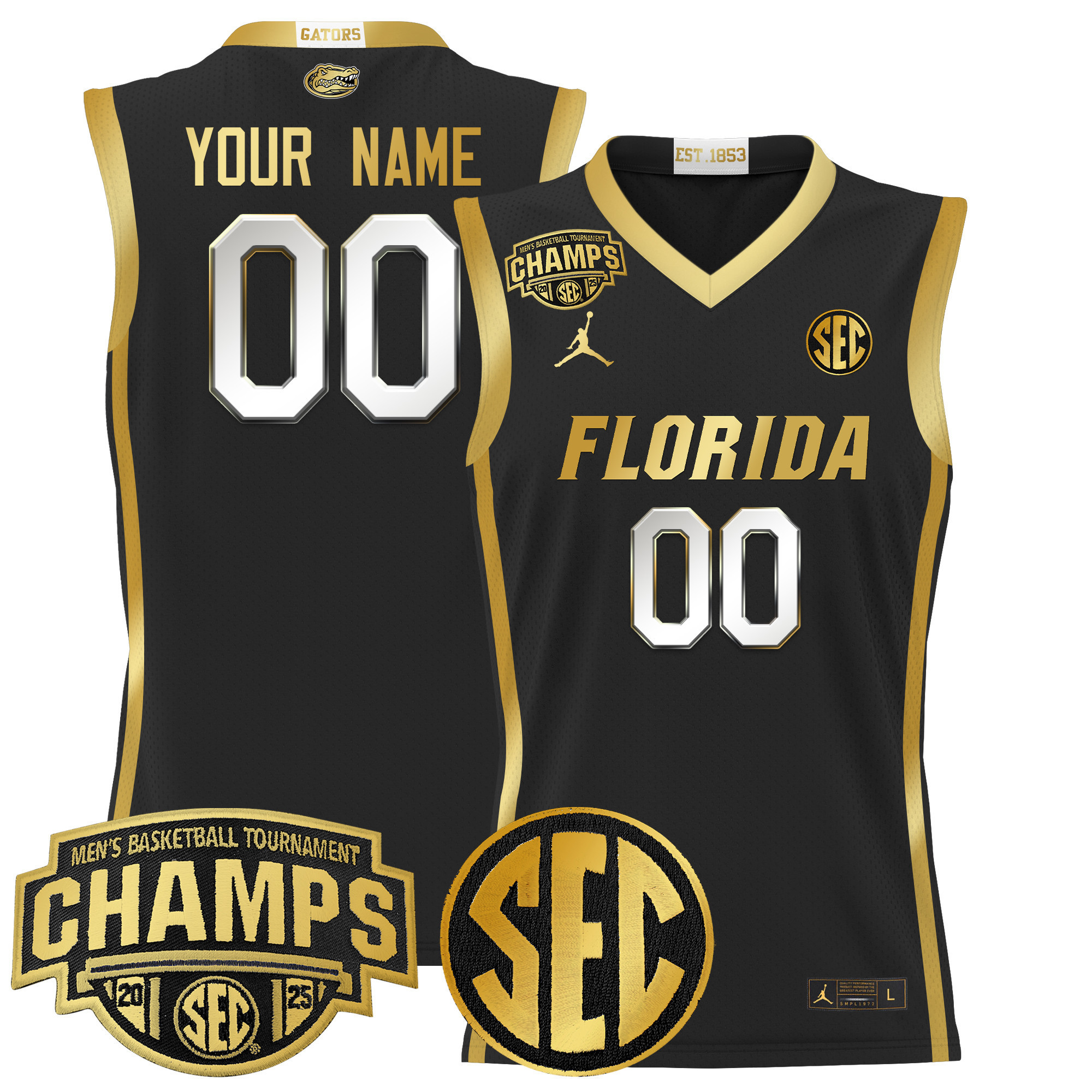 Men's Florida Gators 2025 SEC Conference Tournament Champions Basketball Custom Black Gold Jersey - All Stitched