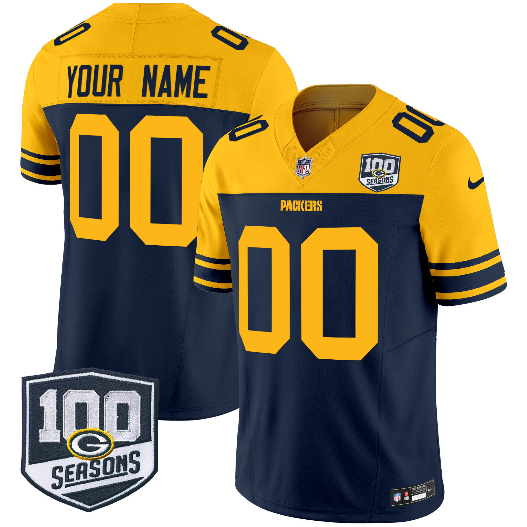 Men's Green Bay Packers Throwback 100th Season Patch Vapor Limited Custom Navy Jersey - All Stitched