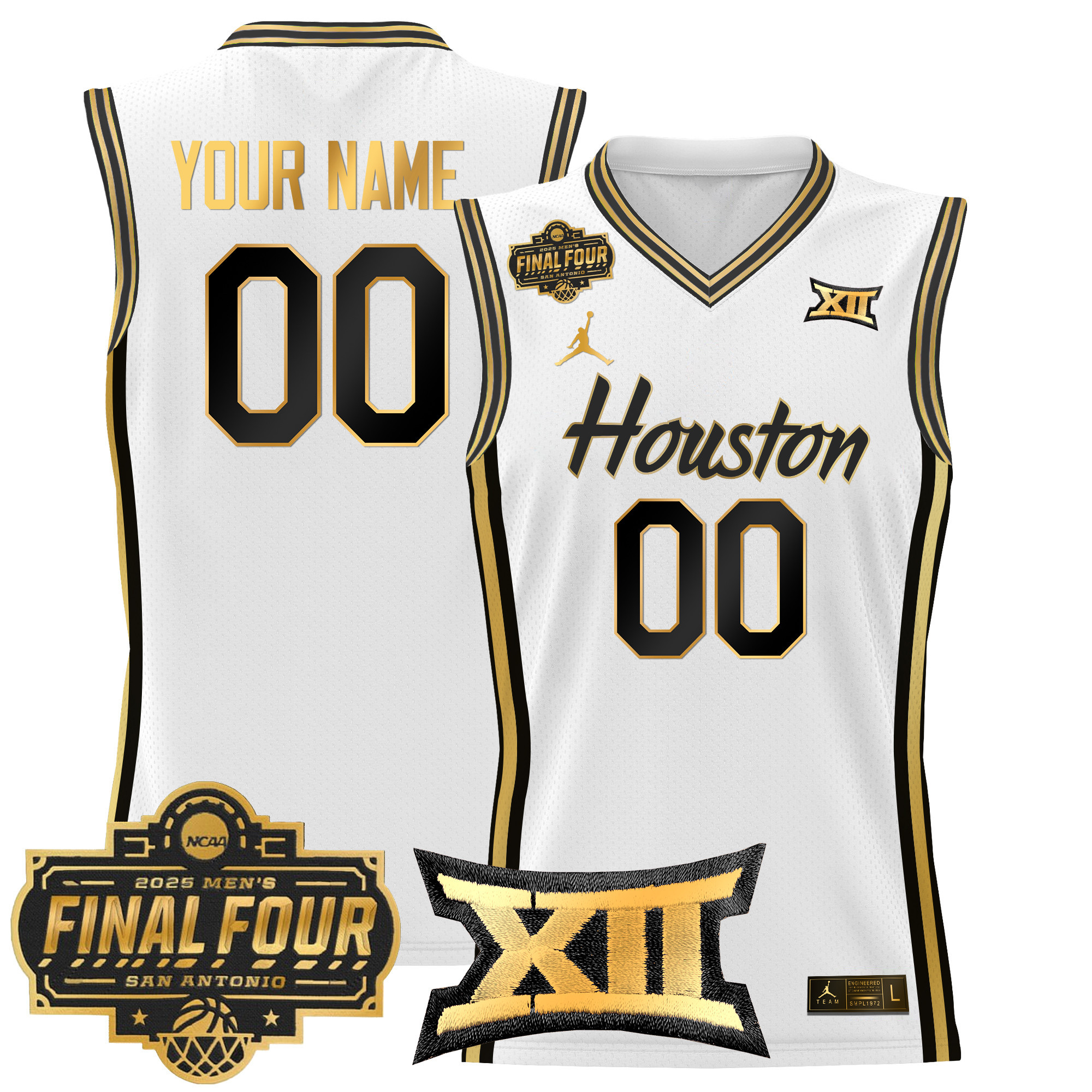 Men's Houston Cougars 2025 Final Four Patch Basketball Custom White Gold Jersey - All Stitched