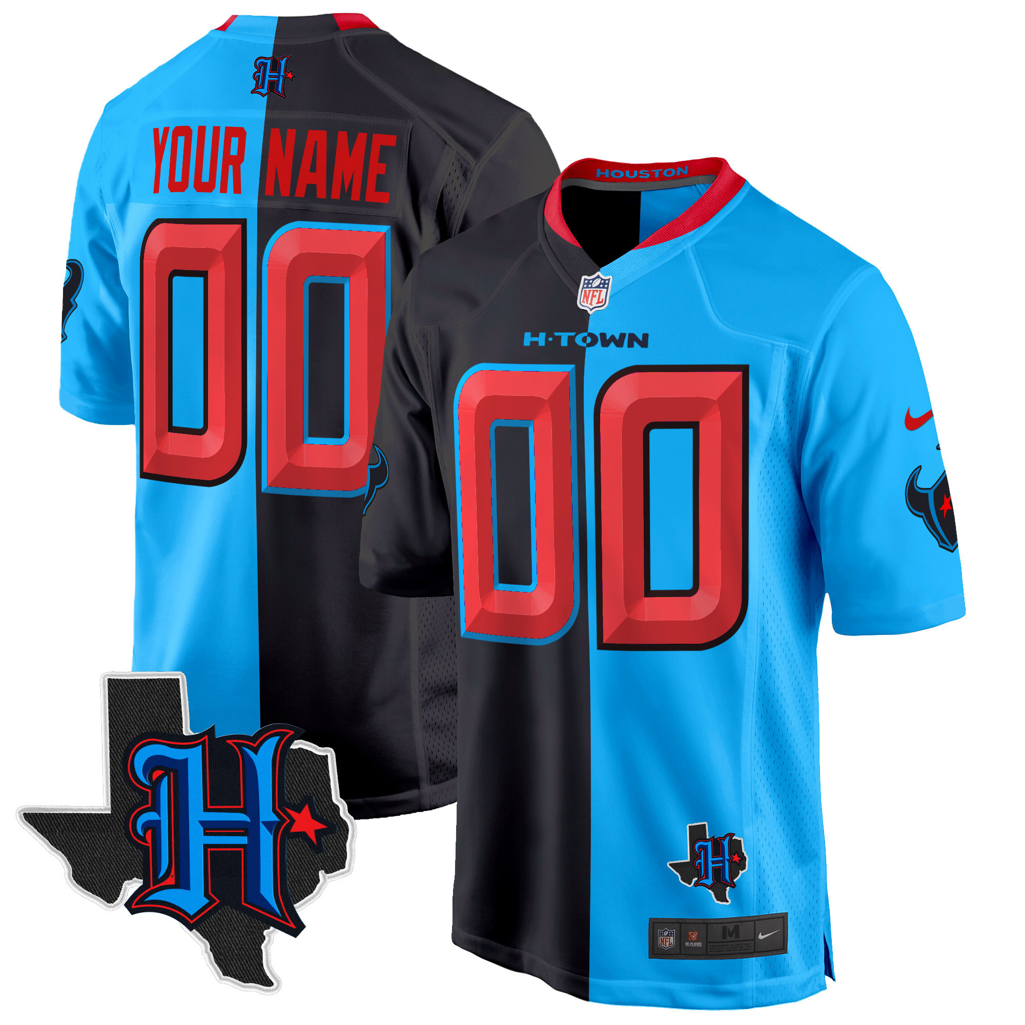 Men's Houston Texans 2024 Texas Patch Game Custom Split Jersey - All Stitched