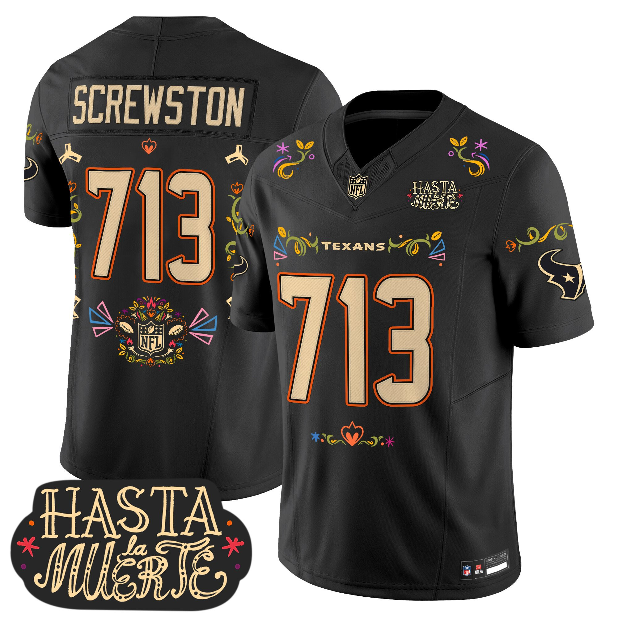 Men's Houston Texans Mexico Hasta la Muerte Edition Vapor Limited Screwston 713 Jersey - All Printed