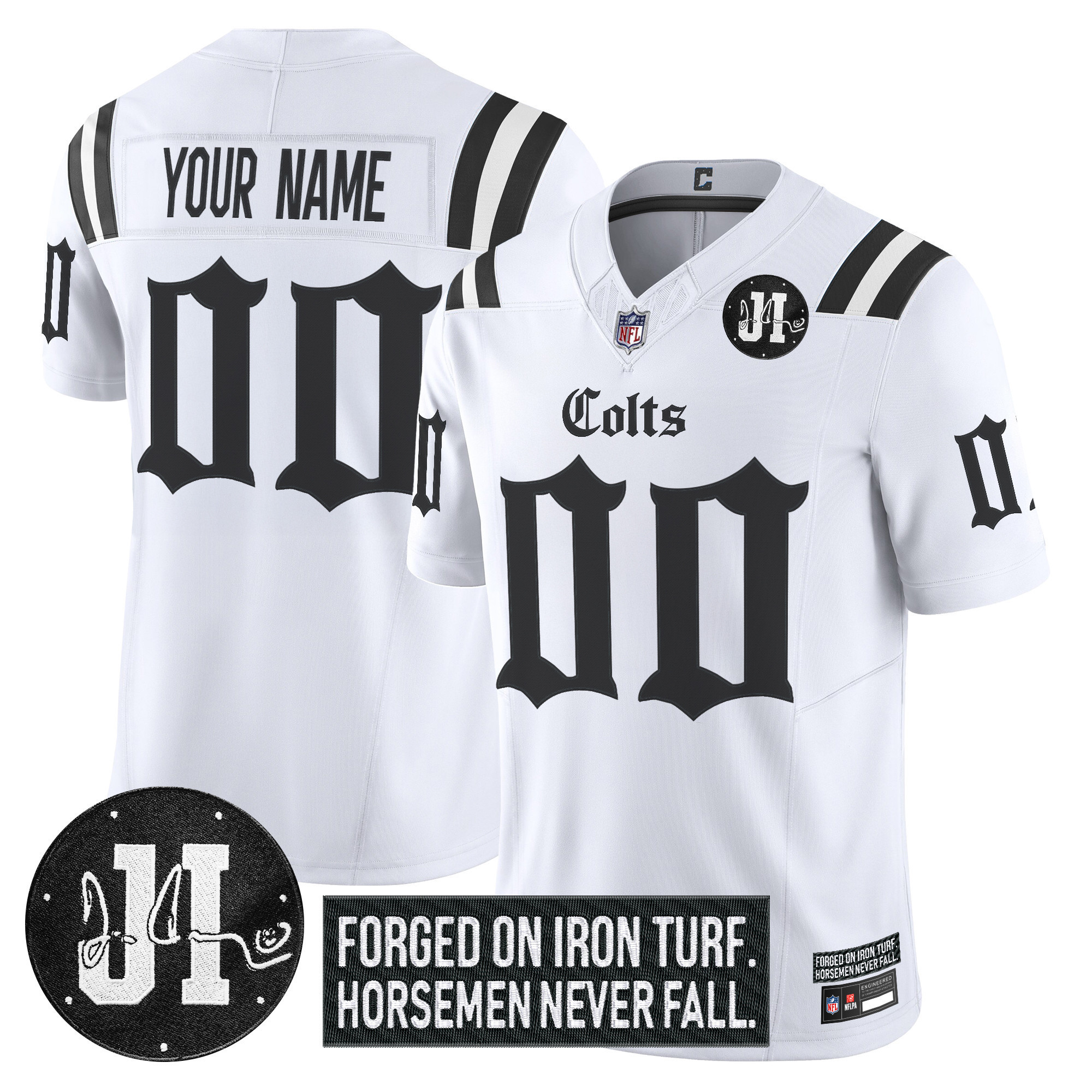 Men's Indianapolis Colts 2025 Gothic Iron Hoof Edition Vapor Limited Custom White Jersey - Jim Irsay Patch - All Stitched