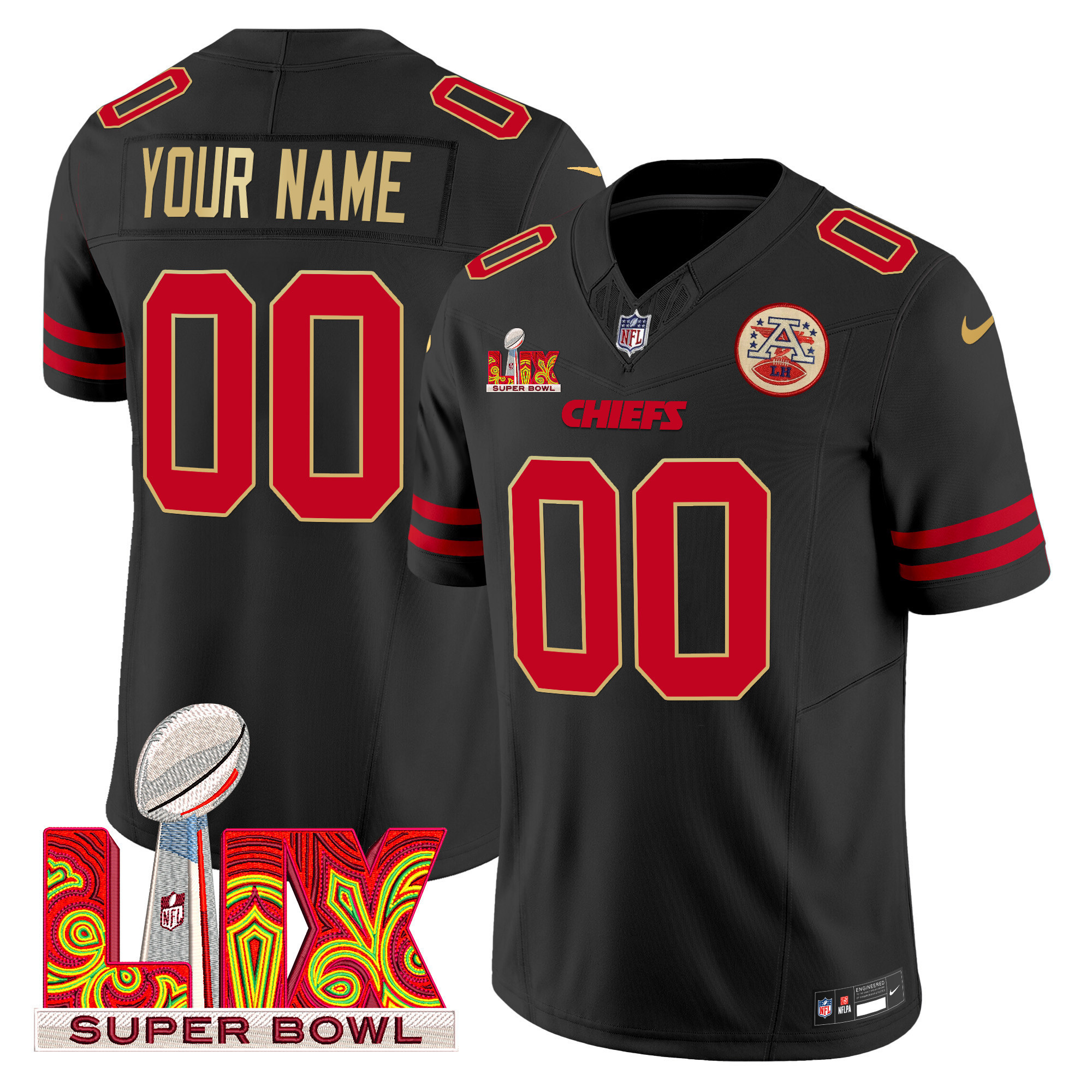Men's Kansas City Chiefs Super Bowl LIX Patch Gold Trim Vapor Limited Custom Black Jersey - All Stitched