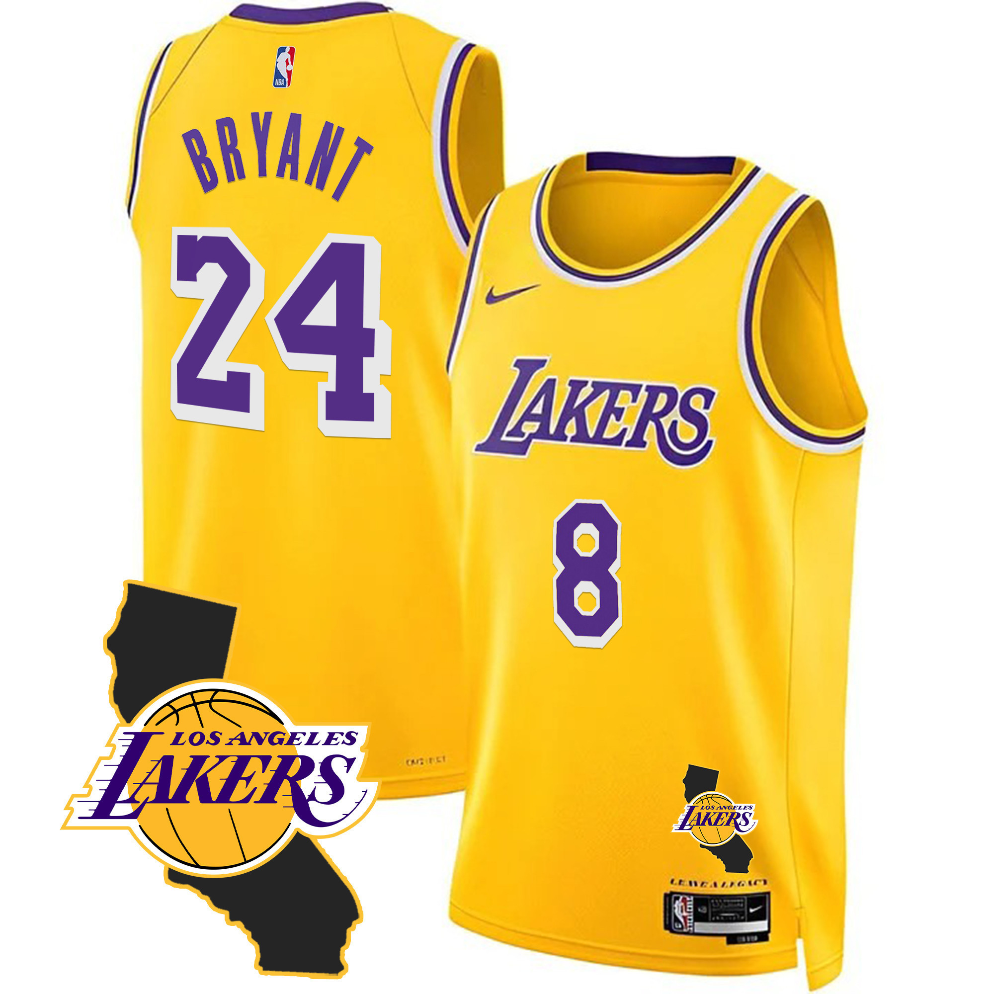 Men's Kobe Bryant Los Angeles Lakers Black Mamba Gold Jersey - California Patch - All Stitched