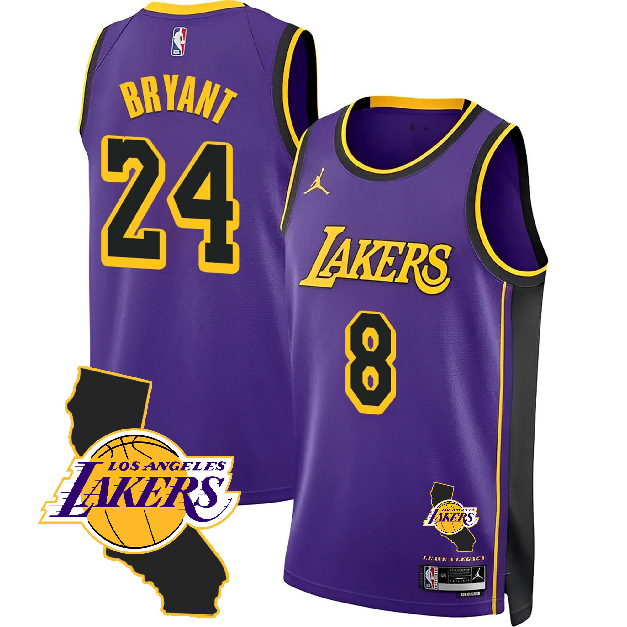 Men's Kobe Bryant Los Angeles Lakers Black Mamba Purple Jersey - California Patch - All Stitched