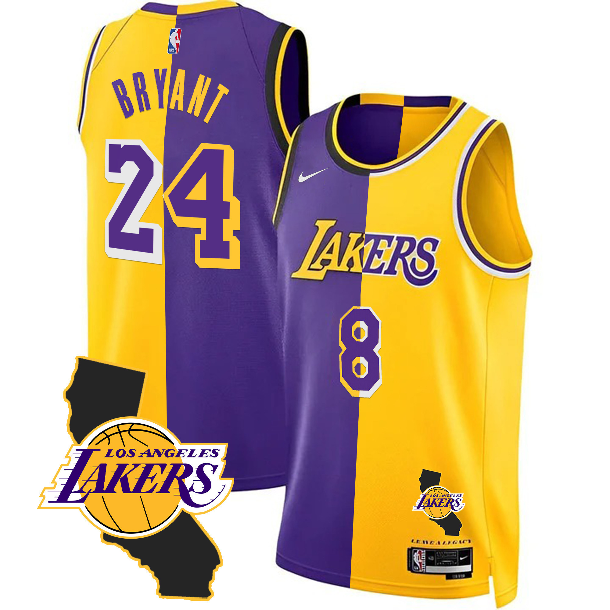 Men's Kobe Bryant Los Angeles Lakers Black Mamba Split Jersey - California Patch - All Stitched