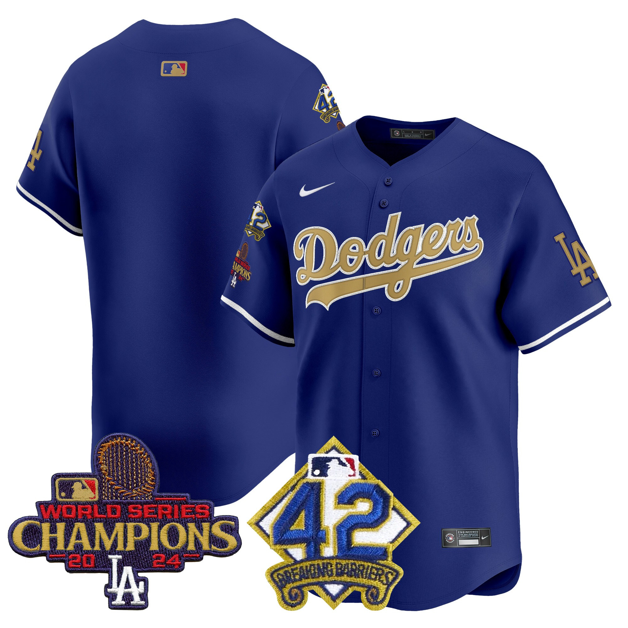 Men's Los Angeles Dodgers 2024 World Series Champions & Jackie Robinson Patch Vapor Premier Limited Royal Jersey - All Stitched