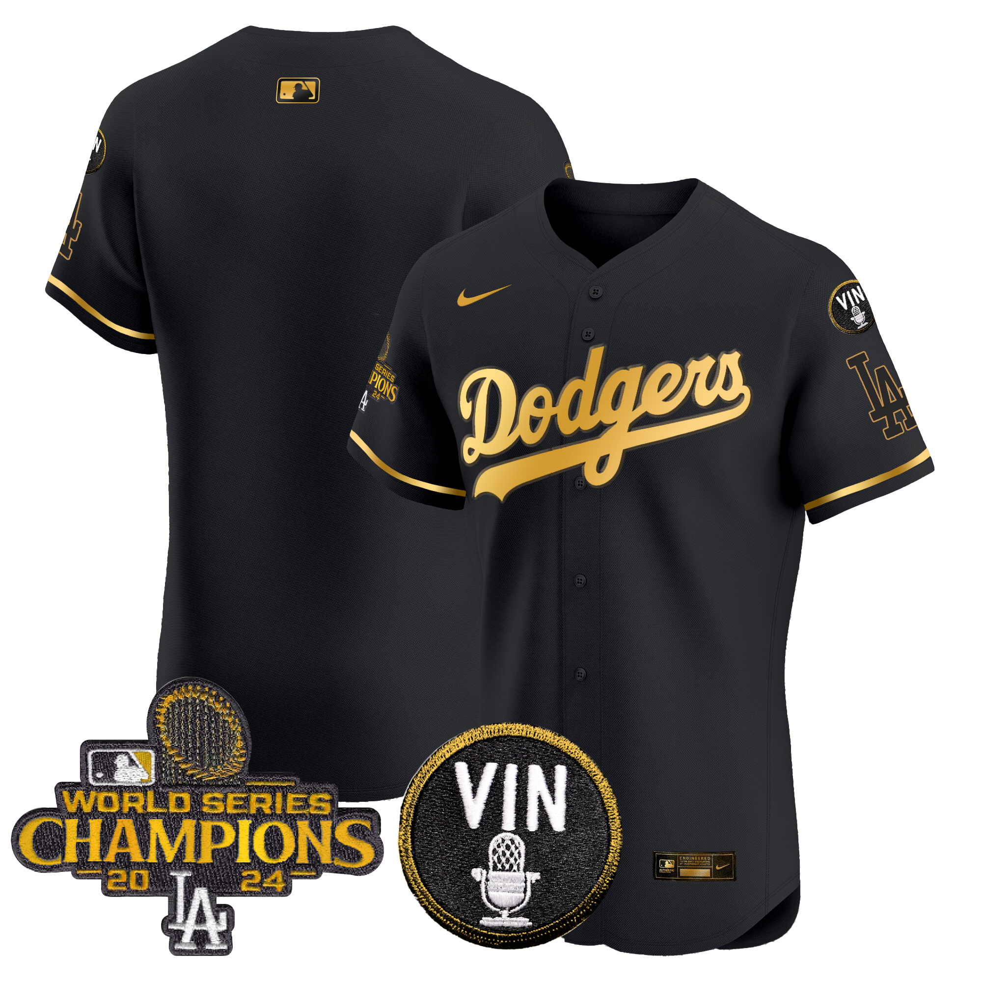 Men's Los Angeles Dodgers 2024 World Series Champions Gold Trim Vapor Premier Elite Black Gold Jersey - All Stitched