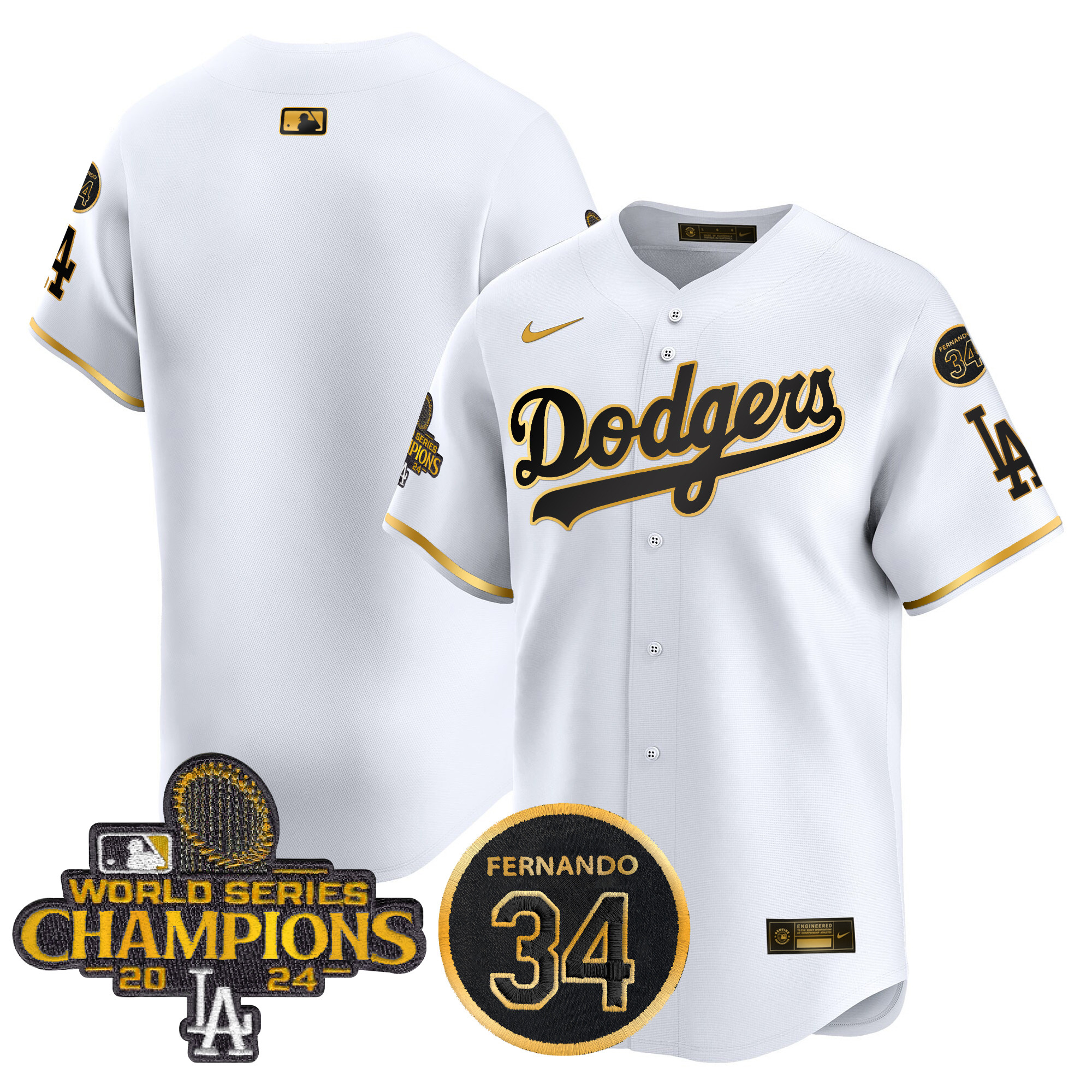 Men's Los Angeles Dodgers 2024 World Series Champions Gold Trim Vapor Premier Limited White Gold Jersey V2 - All Stitched