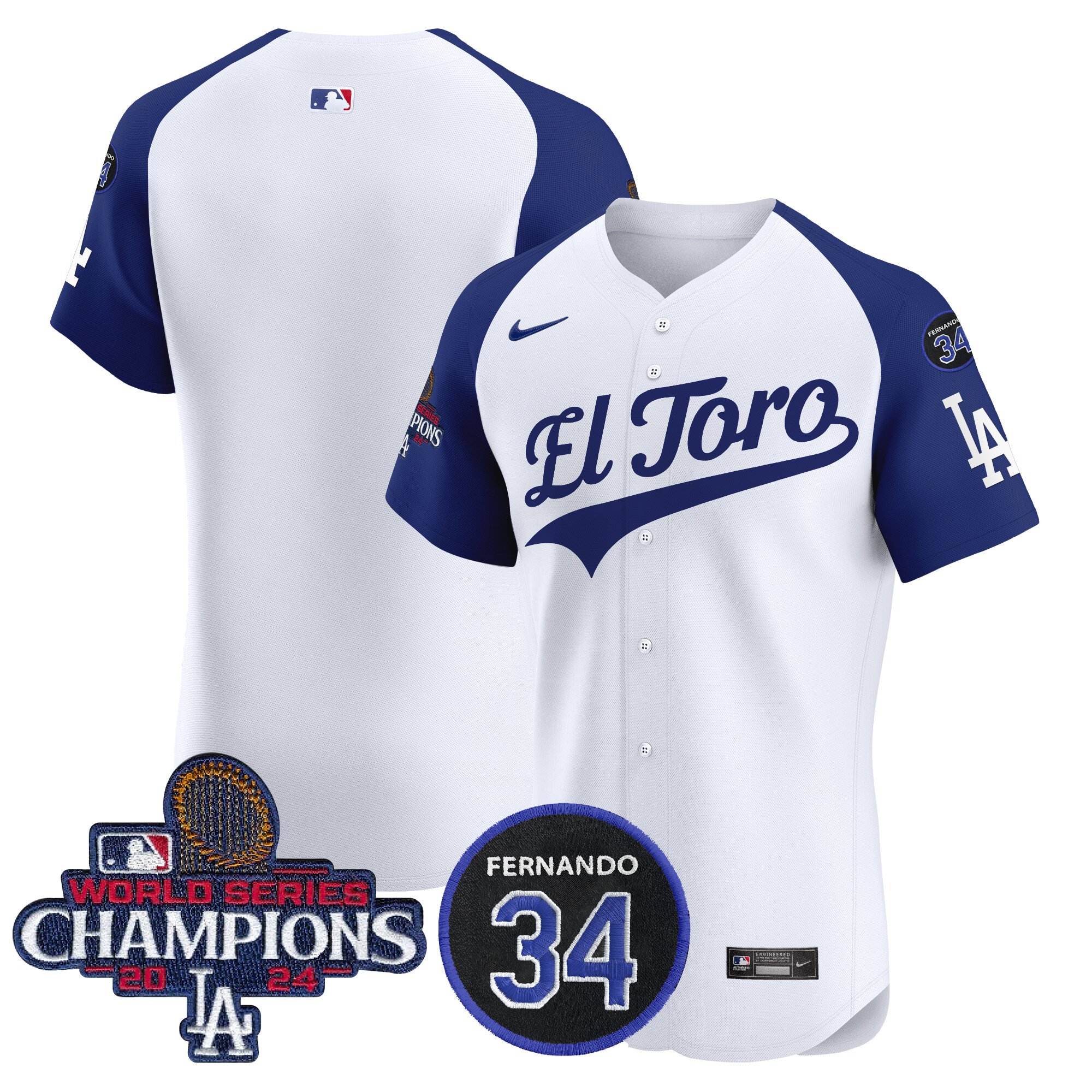 Men's Los Angeles Dodgers El Toro 2024 World Series Champions Patch Vapor Premier Elite Alternate White Jersey - All Stitched