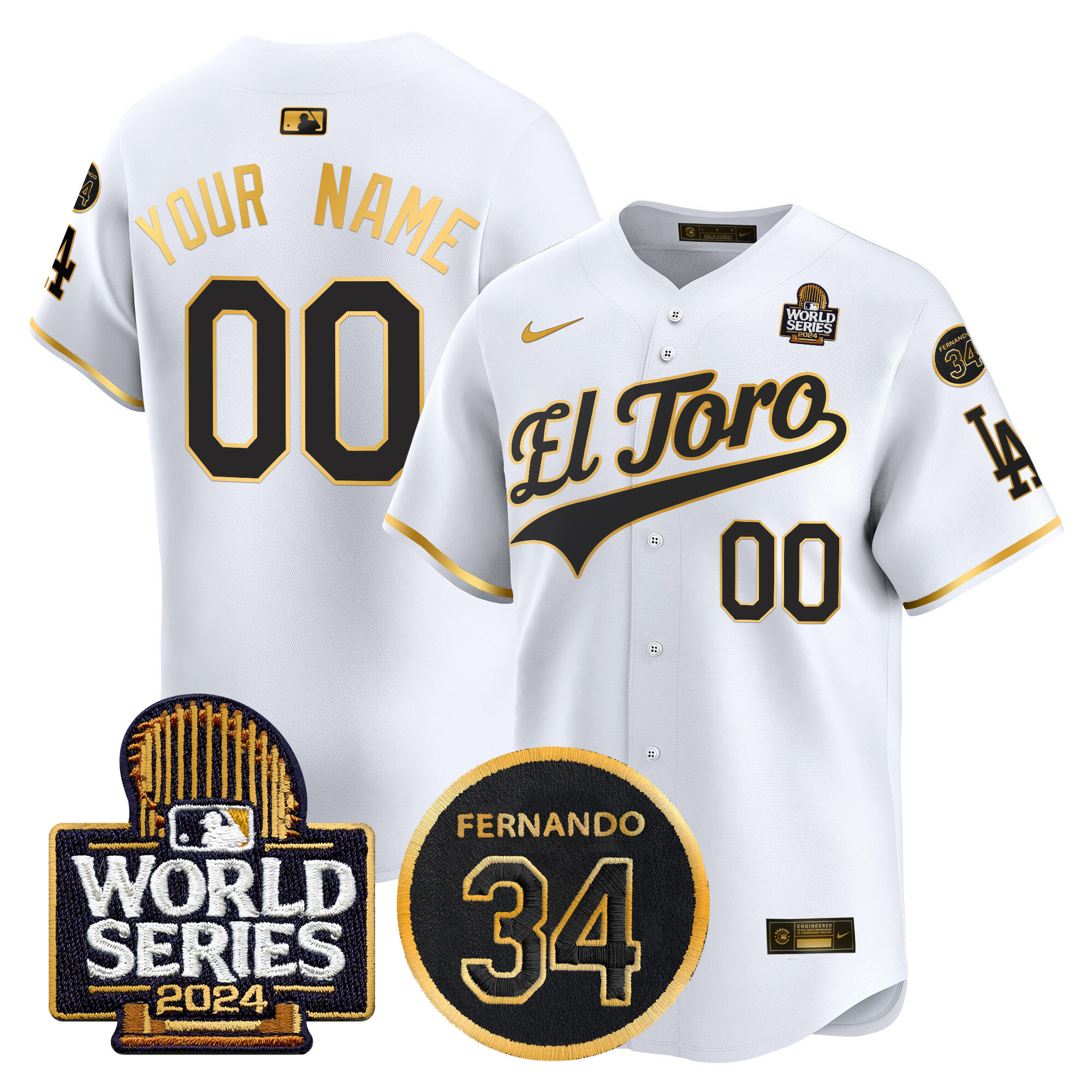 Men's Los Angeles Dodgers El Toro 2024 World Series Patch Vapor Premier Limited Custom White Gold Jersey - All Stitched