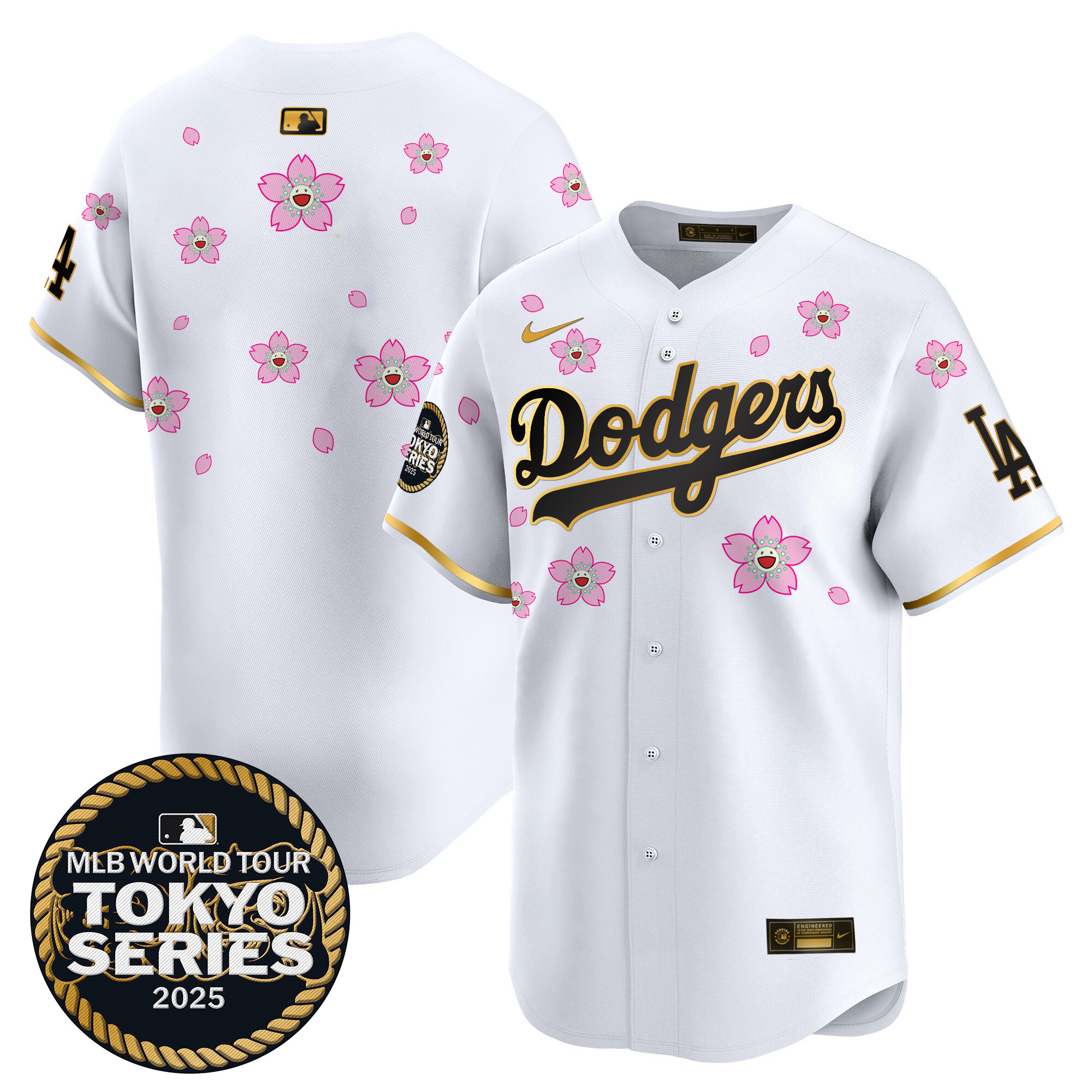 Men's Los Angeles Dodgers Tokyo Series 2025 Gold Trim Vapor Premier Limited White Gold Jersey V2 - Stitched