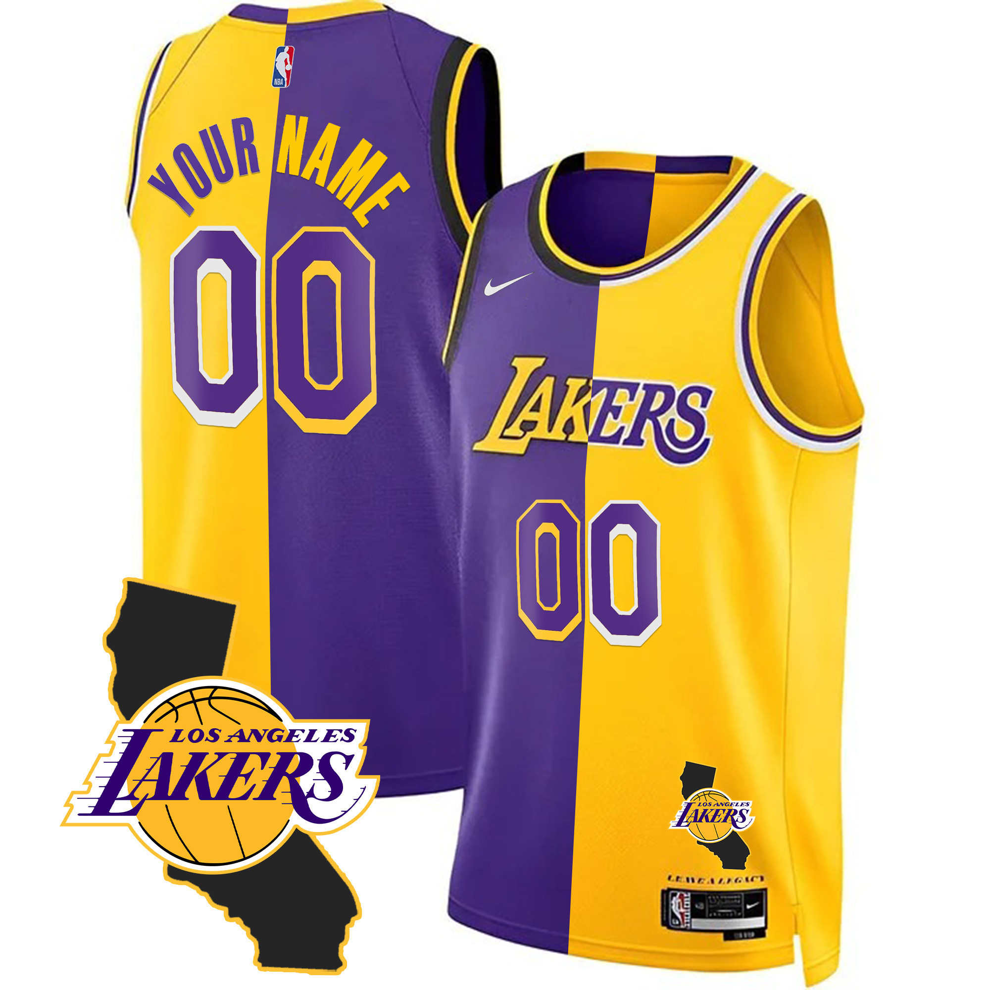 Men's Los Angeles Lakers California Patch Custom Split Jersey - All Stitched