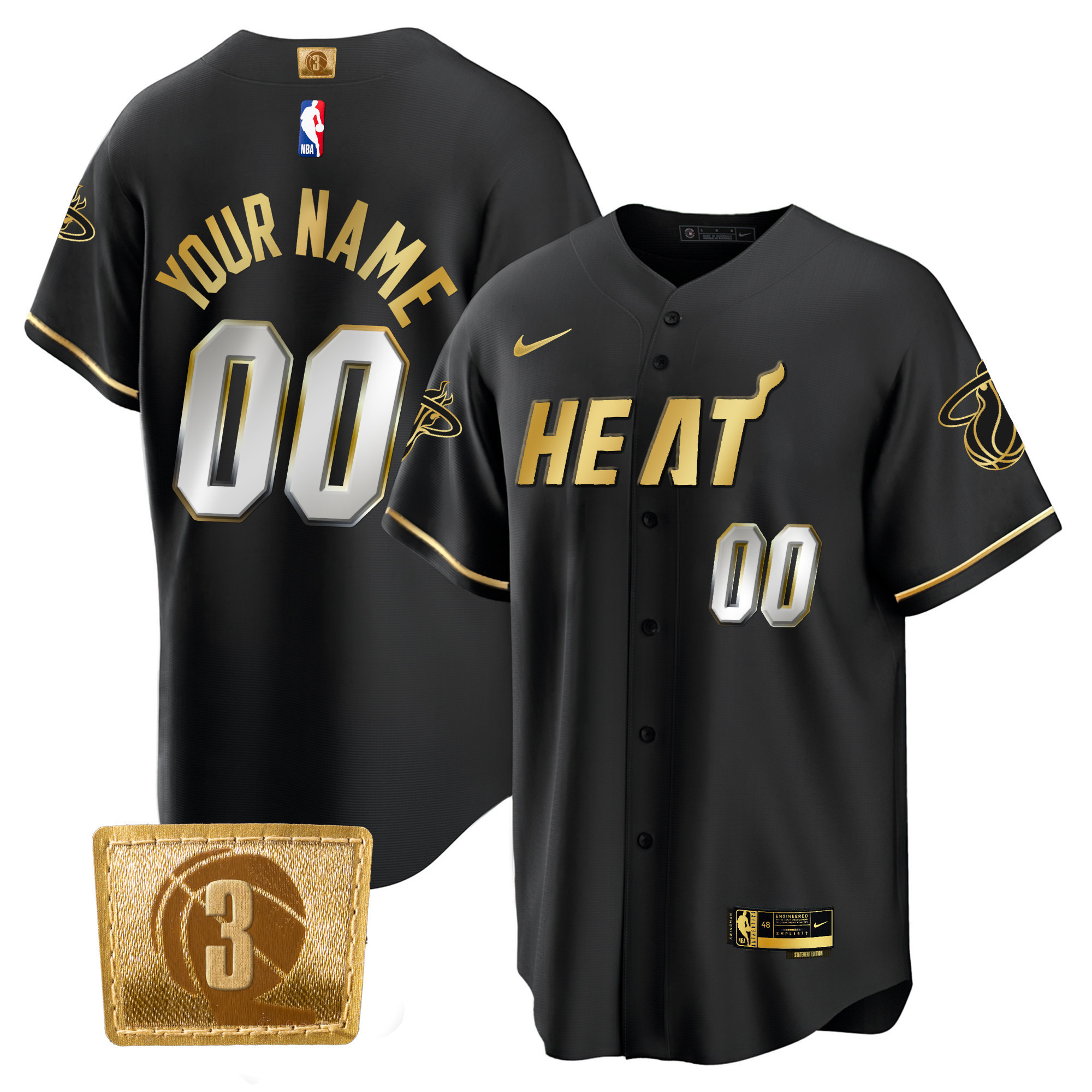 Men's Miami Heat 3-Time Champions Patch Baseball Custom Black Gold Jersey - All Stitched