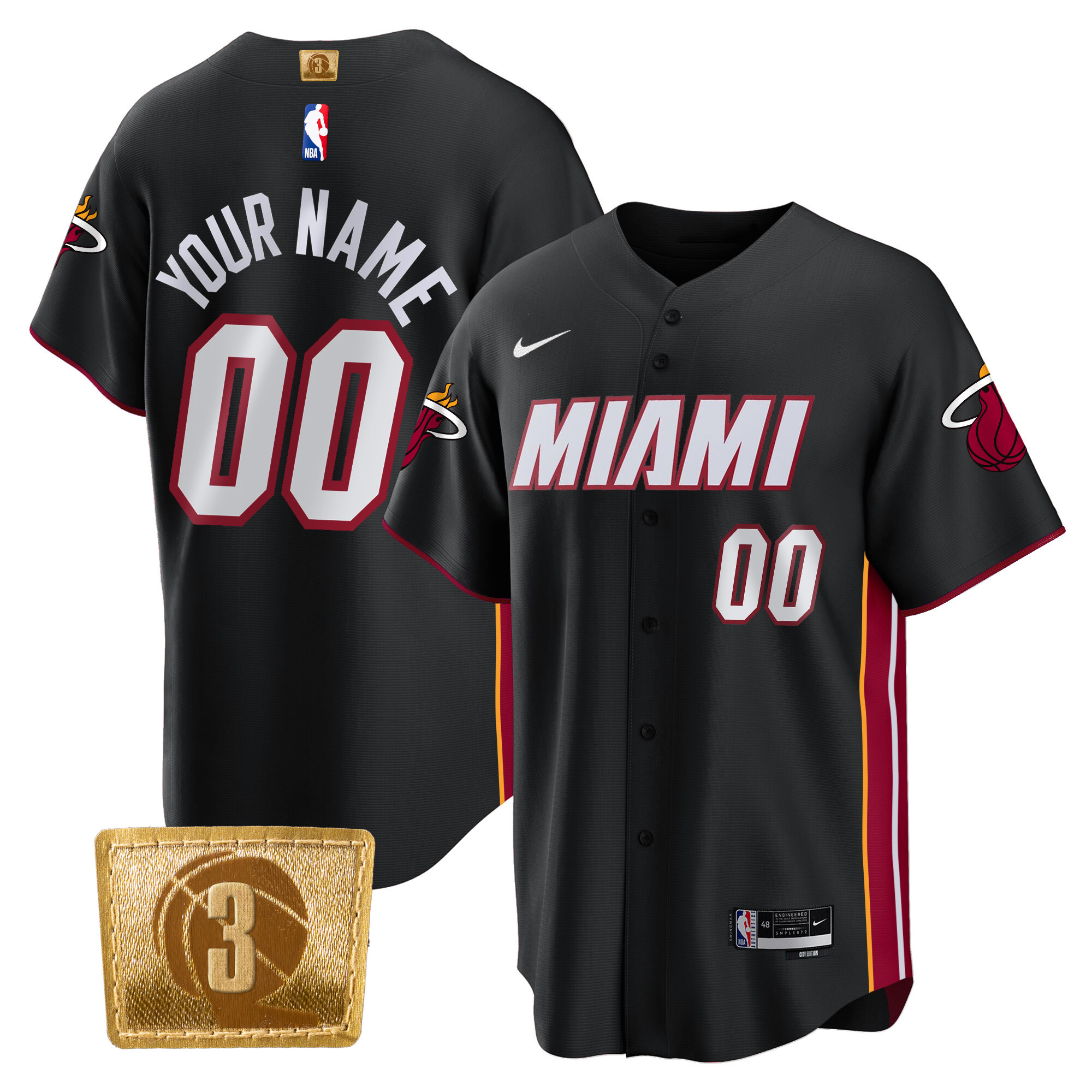 Men's Miami Heat 3-Time Champions Patch Baseball Custom Icon Jersey - All Stitched
