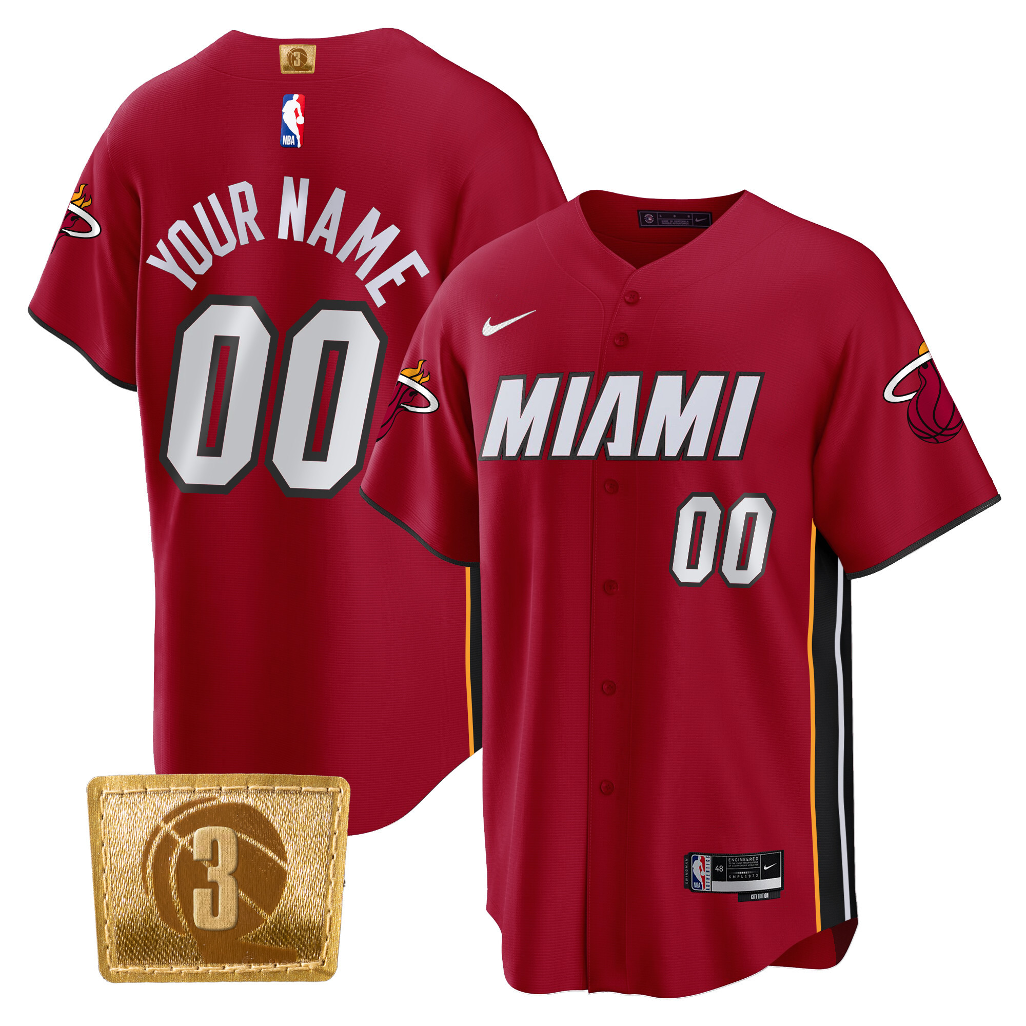 Men's Miami Heat 3-Time Champions Patch Baseball Custom Statement Jersey - All Stitched