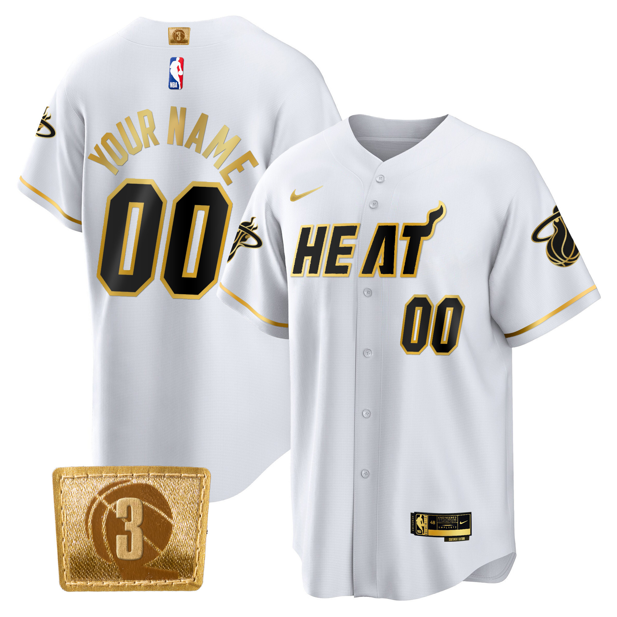 Men's Miami Heat 3-Time Champions Patch Baseball Custom White Gold Jersey - All Stitched