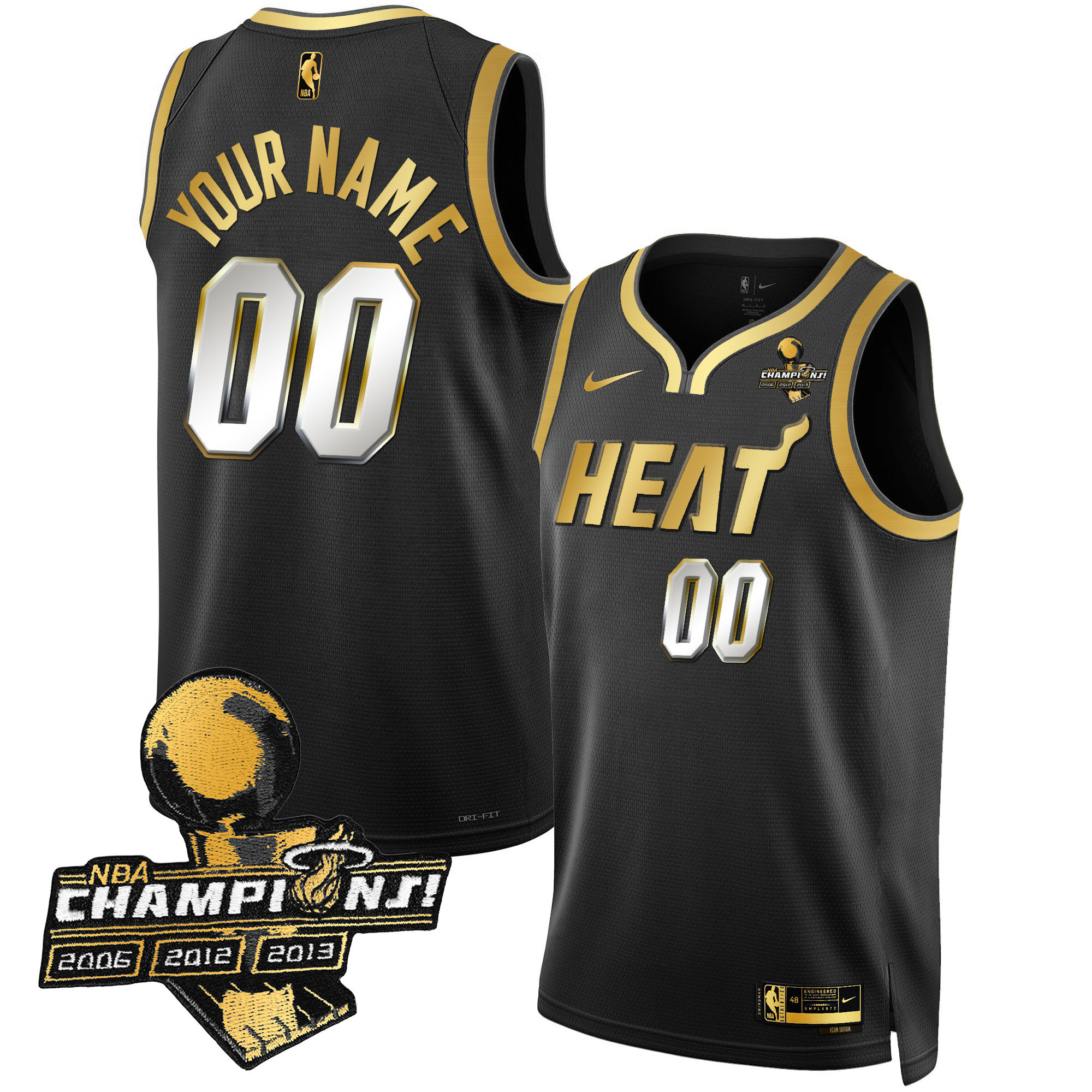 Men's Miami Heat 3-Time Champions Patch Collection Custom Black Limited Jersey - All Stitched