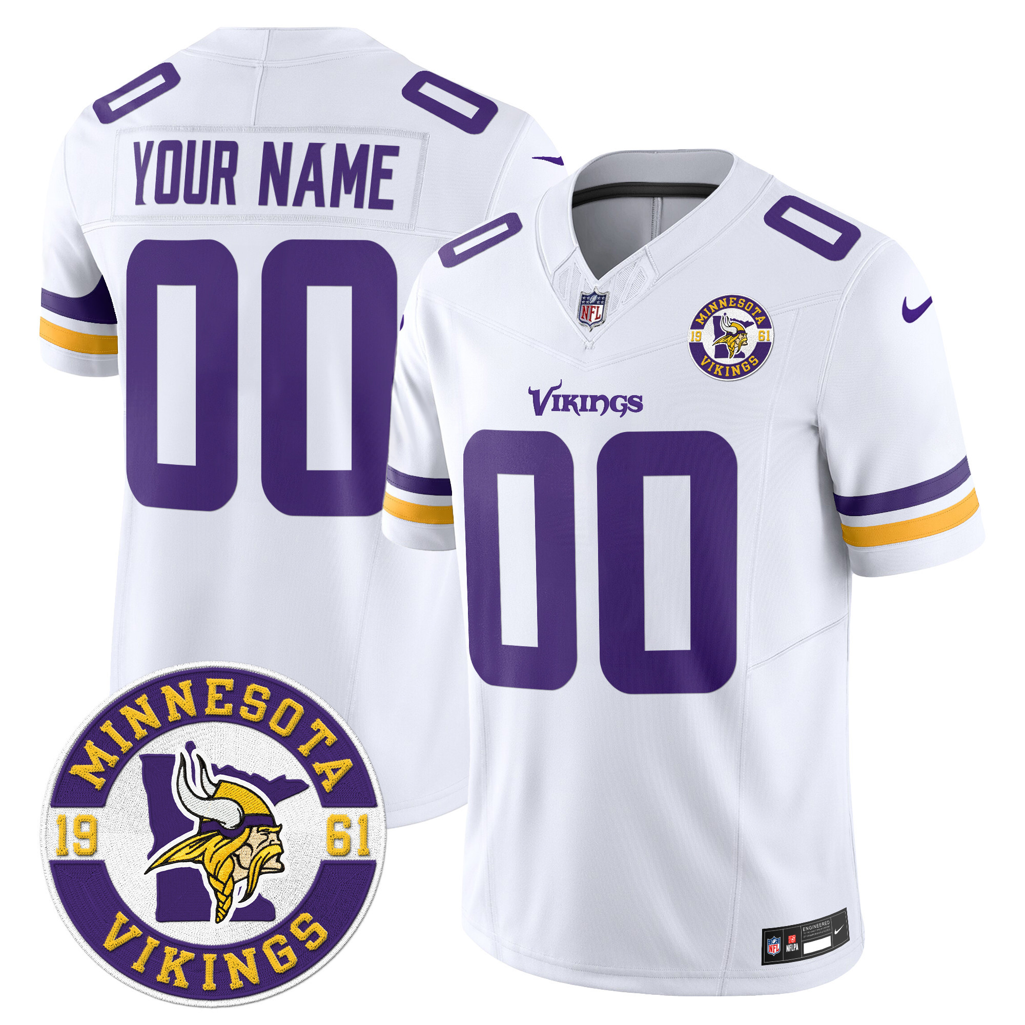 Men's Minnesota Vikings 2024 Vapor Limited Custom White Jersey V2 - Est. 1961 Patch - All Stitched
