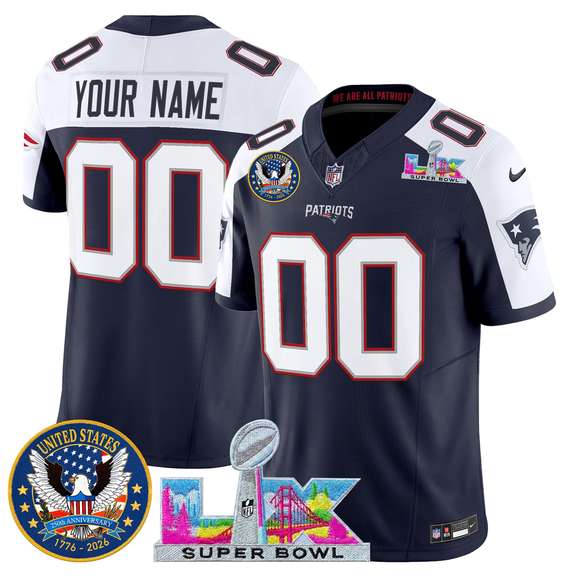 Men's New England Patriots “Super Bowl LX & United States 250th Patch” Vapor Limited Custom Navy Alternate Jersey - All Stitched