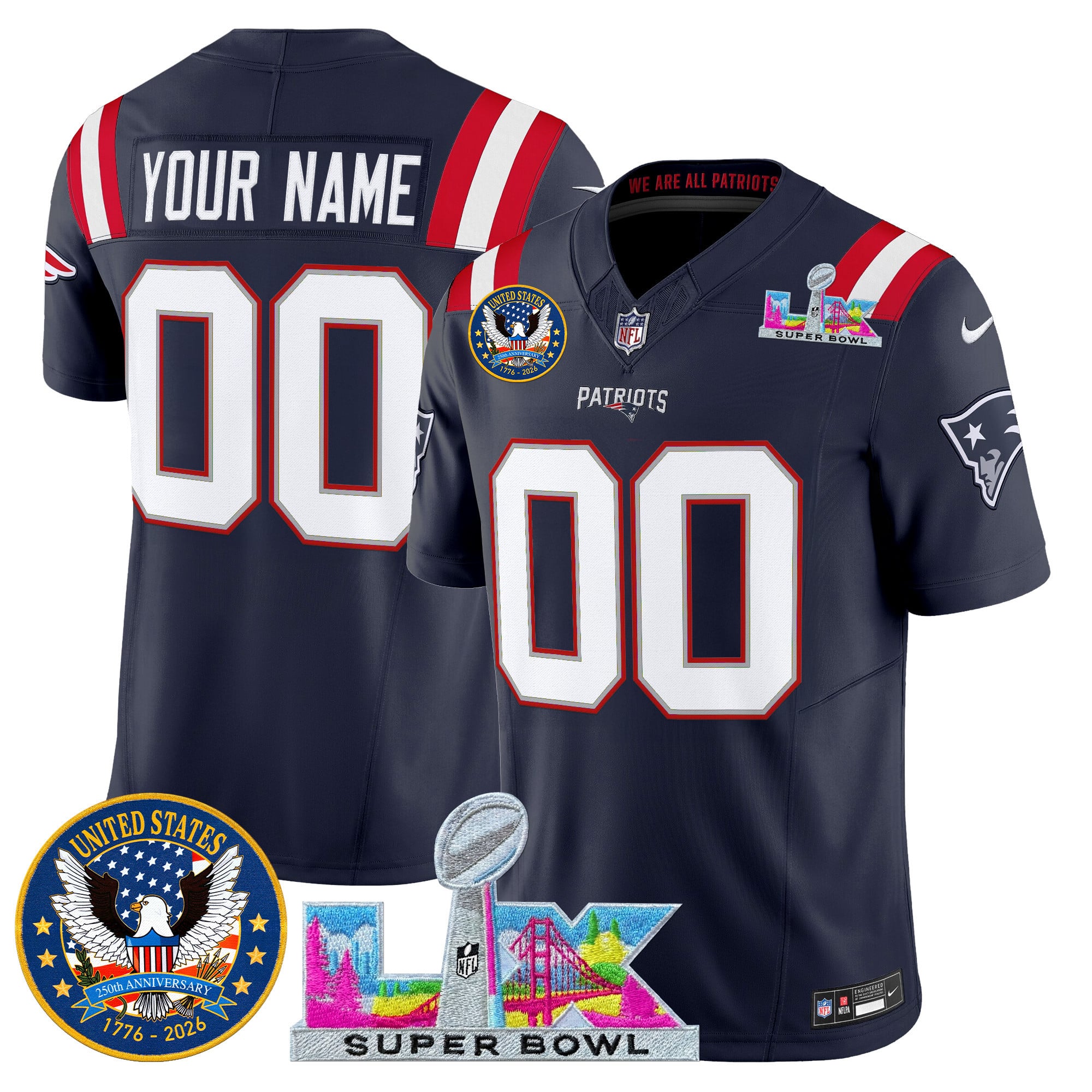 Men's New England Patriots “Super Bowl LX & United States 250th Patch” Vapor Limited Custom Navy Jersey - All Stitched