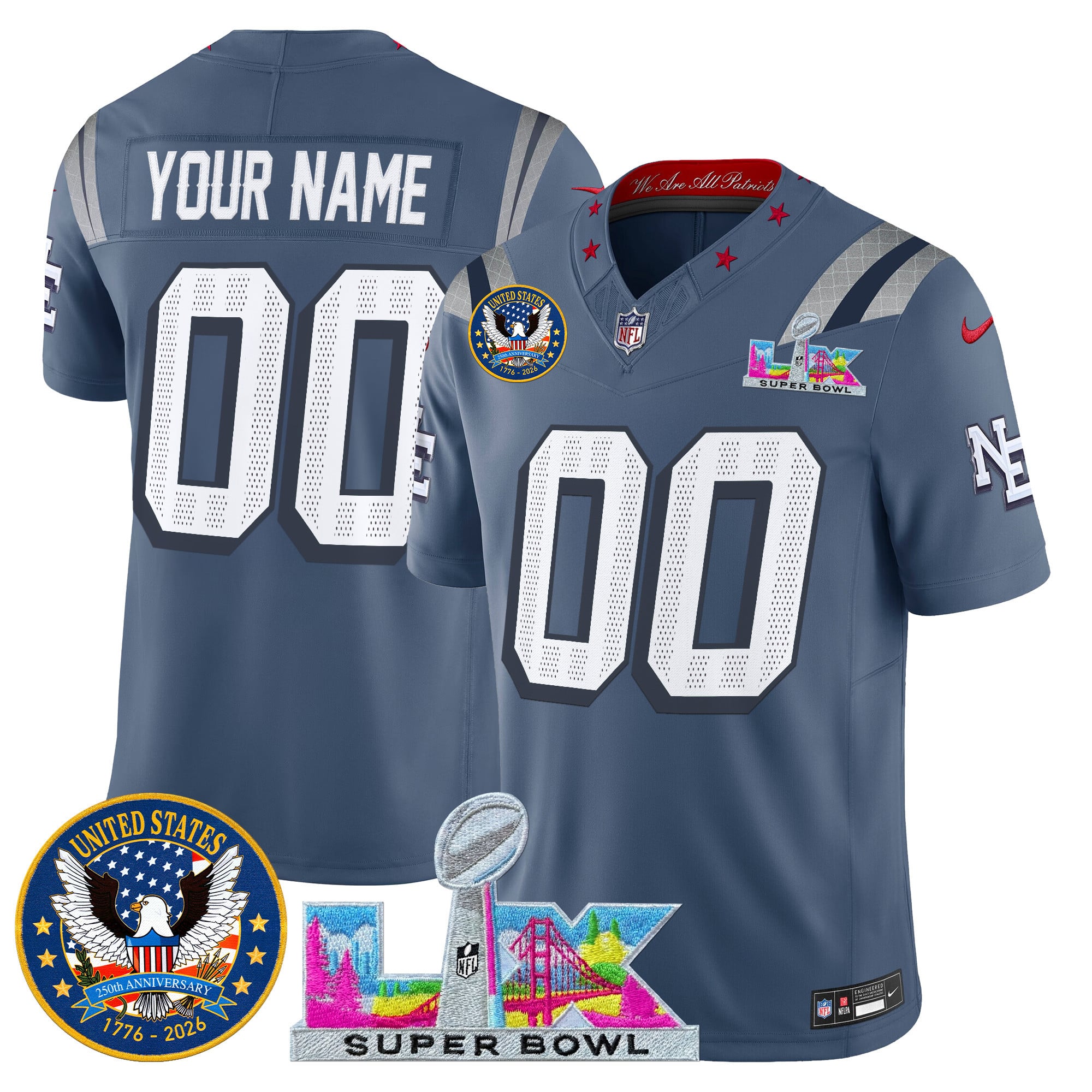 Men's New England Patriots “Super Bowl LX & United States 250th Patch” Vapor Limited Custom Storm Blue Jersey - All Stitched