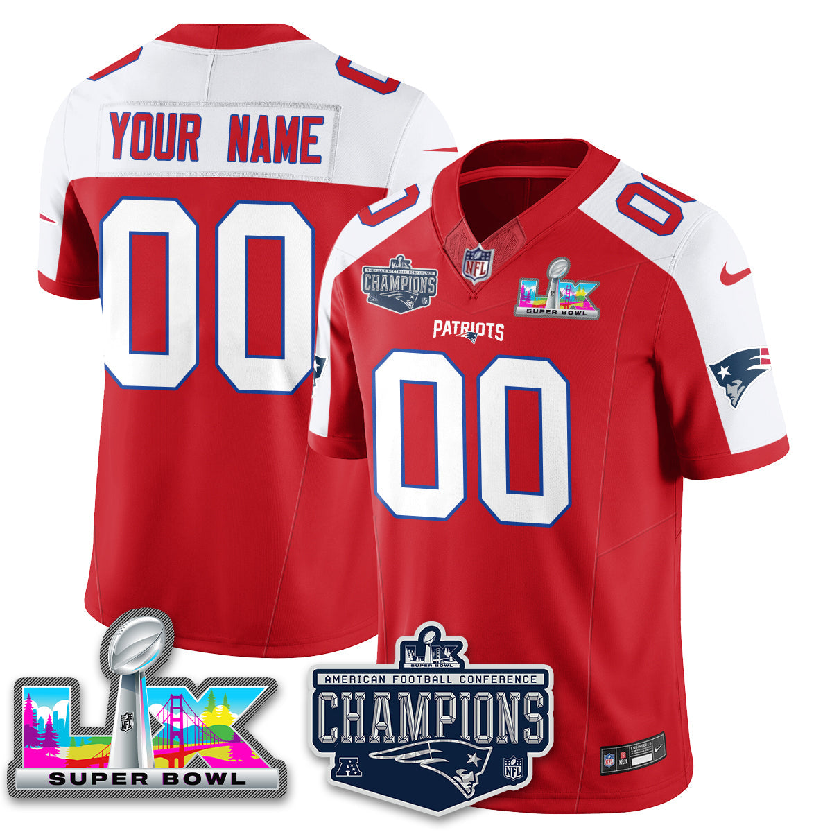 Men's New England Patriots 2025 AFC Champions Vapor Limited Custom Red Alternate Jersey - All Stitched