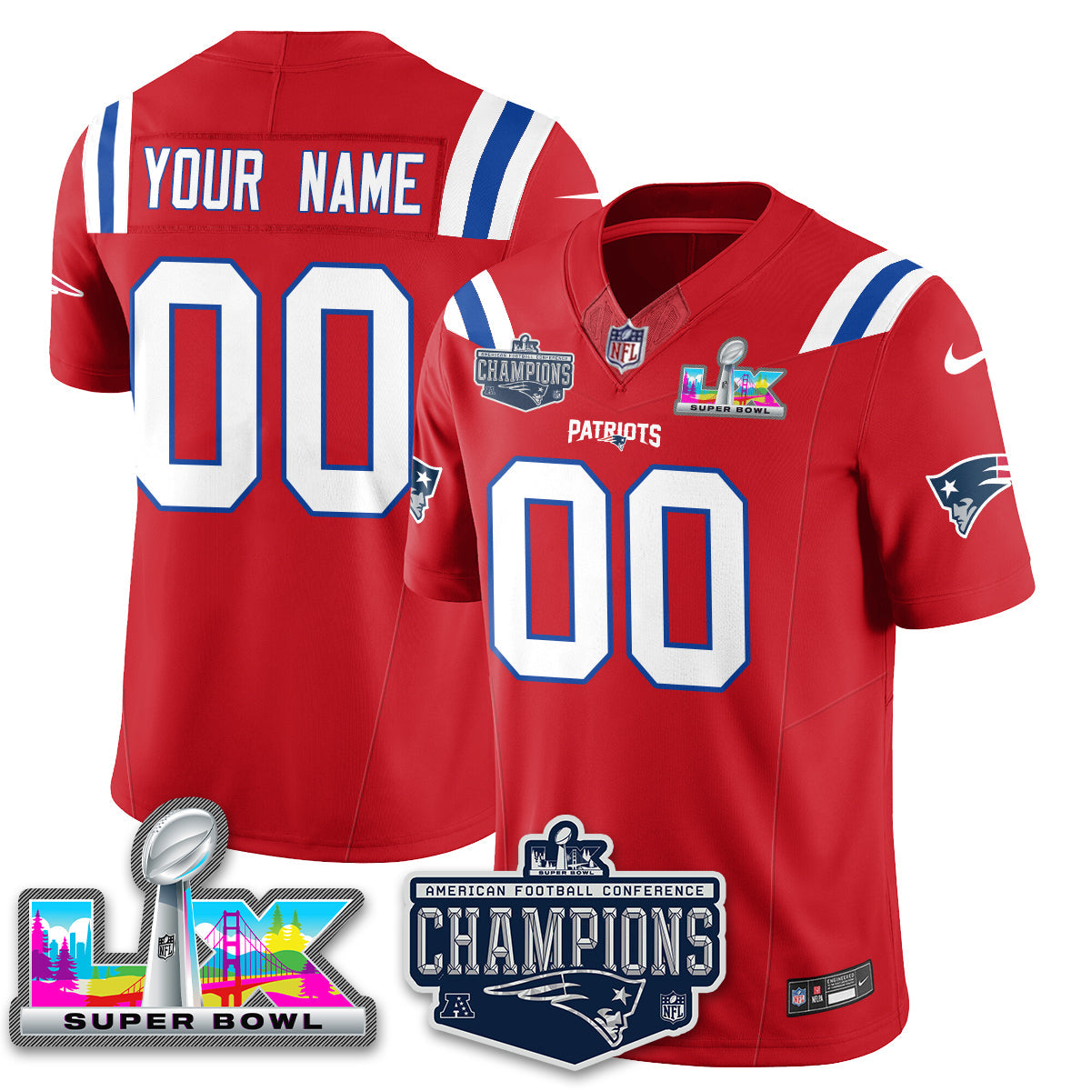 Men's New England Patriots 2025 AFC Champions Vapor Limited Custom Red Jersey - All Stitched