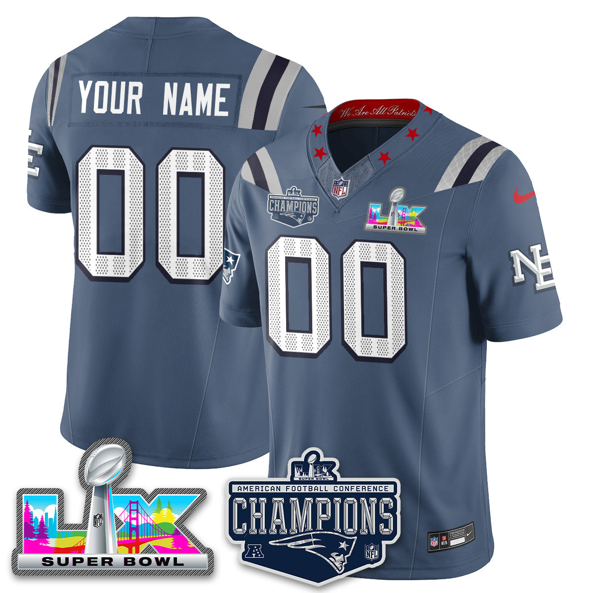 Men's New England Patriots 2025 AFC Champions Vapor Limited Custom Storm Blue Jersey - All Stitched