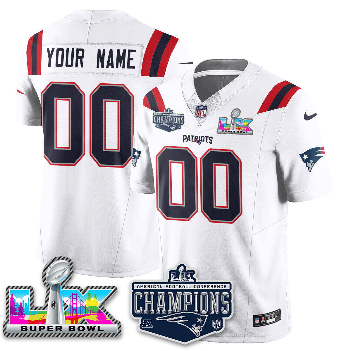 Men's New England Patriots 2025 AFC Champions Vapor Limited Custom White Jersey - All Stitched