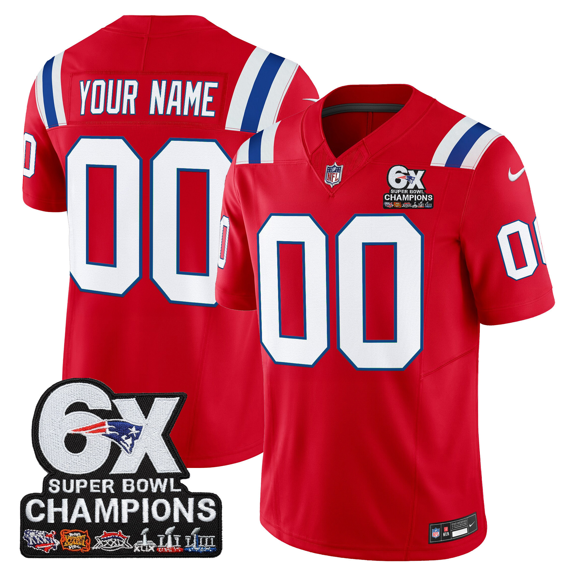 Men's New England Patriots 6-Time Champions Patch Vapor Limited Custom Red Jersey - All Stitched