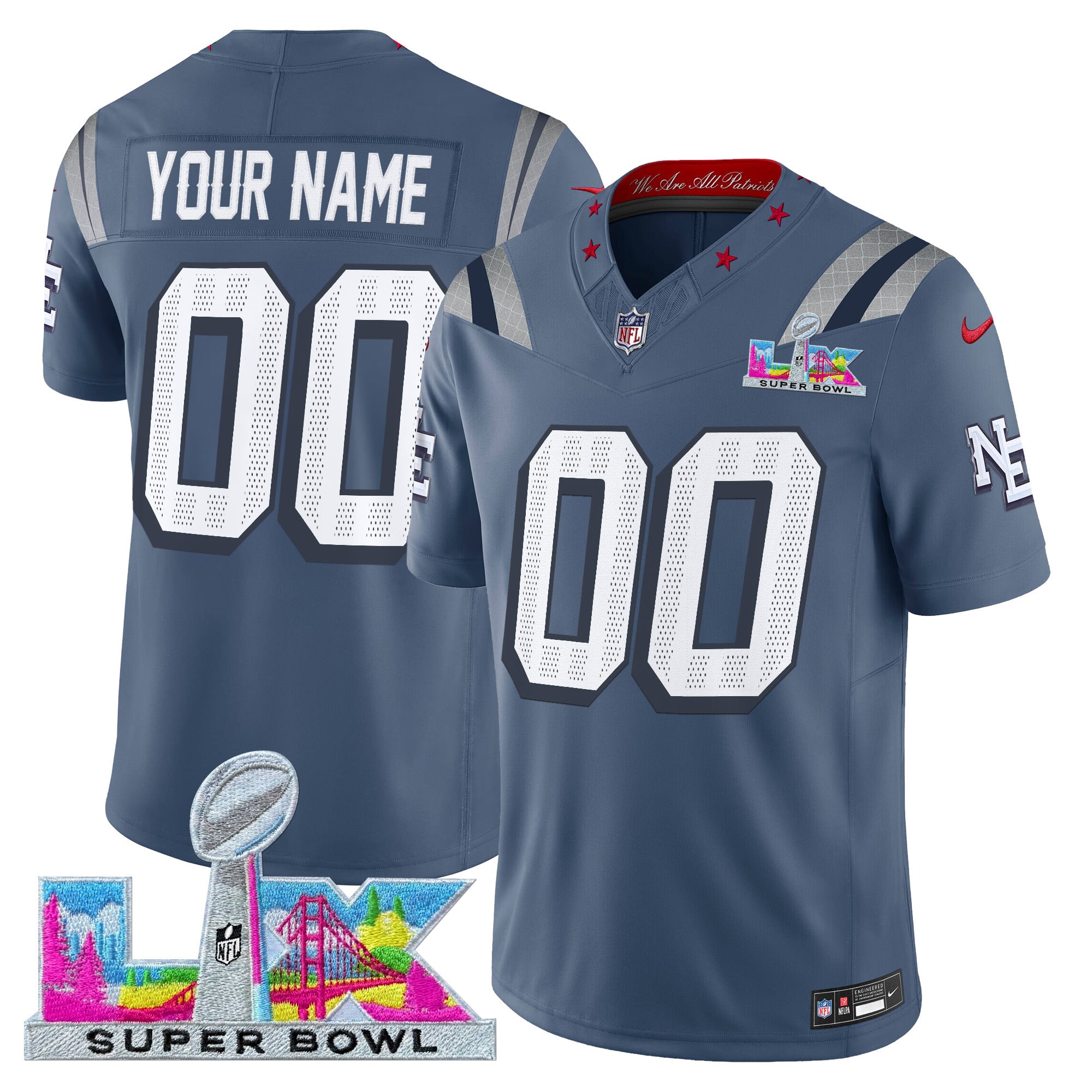 Men's New England Patriots Super Bowl LX Vapor Limited Custom Storm Blue Jersey - All Stitched