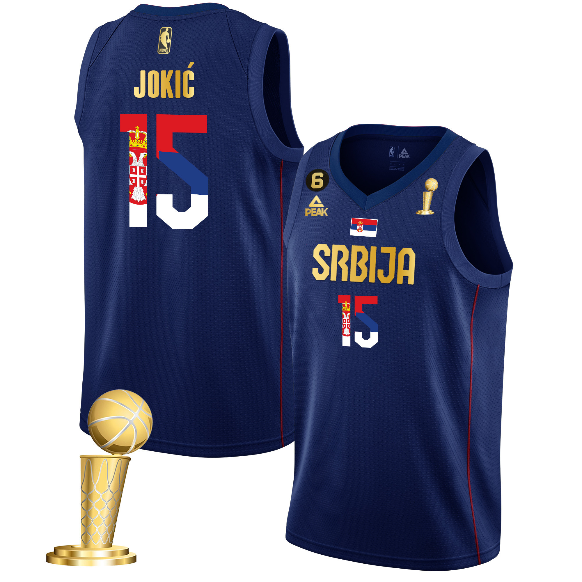 Men's Nikola Jokic Denver Nuggets Serbia Champions Gold Navy Jersey - All Stitched
