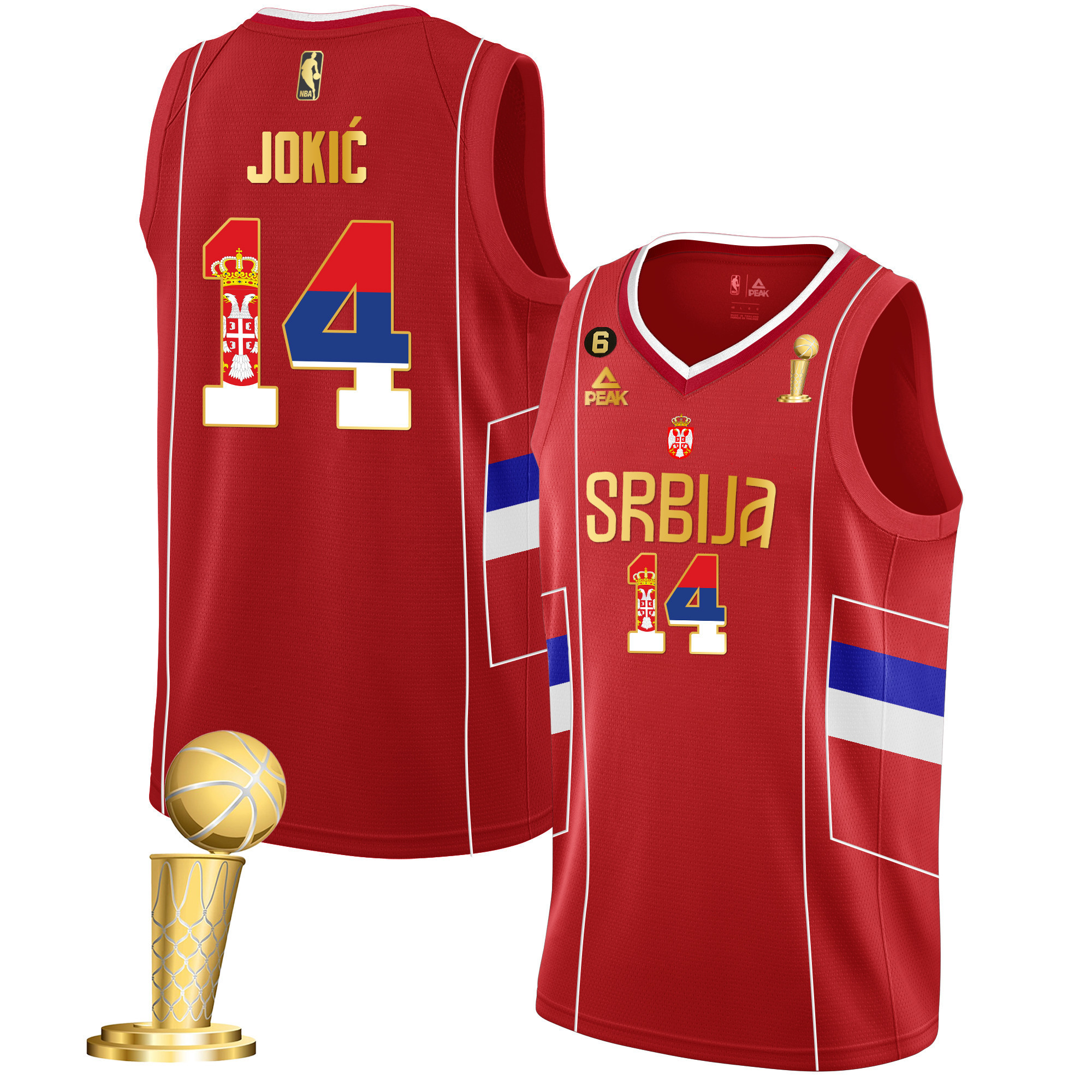 Men's Nikola Jokic Denver Nuggets Serbia Champions Gold Red Jersey - All Stitched